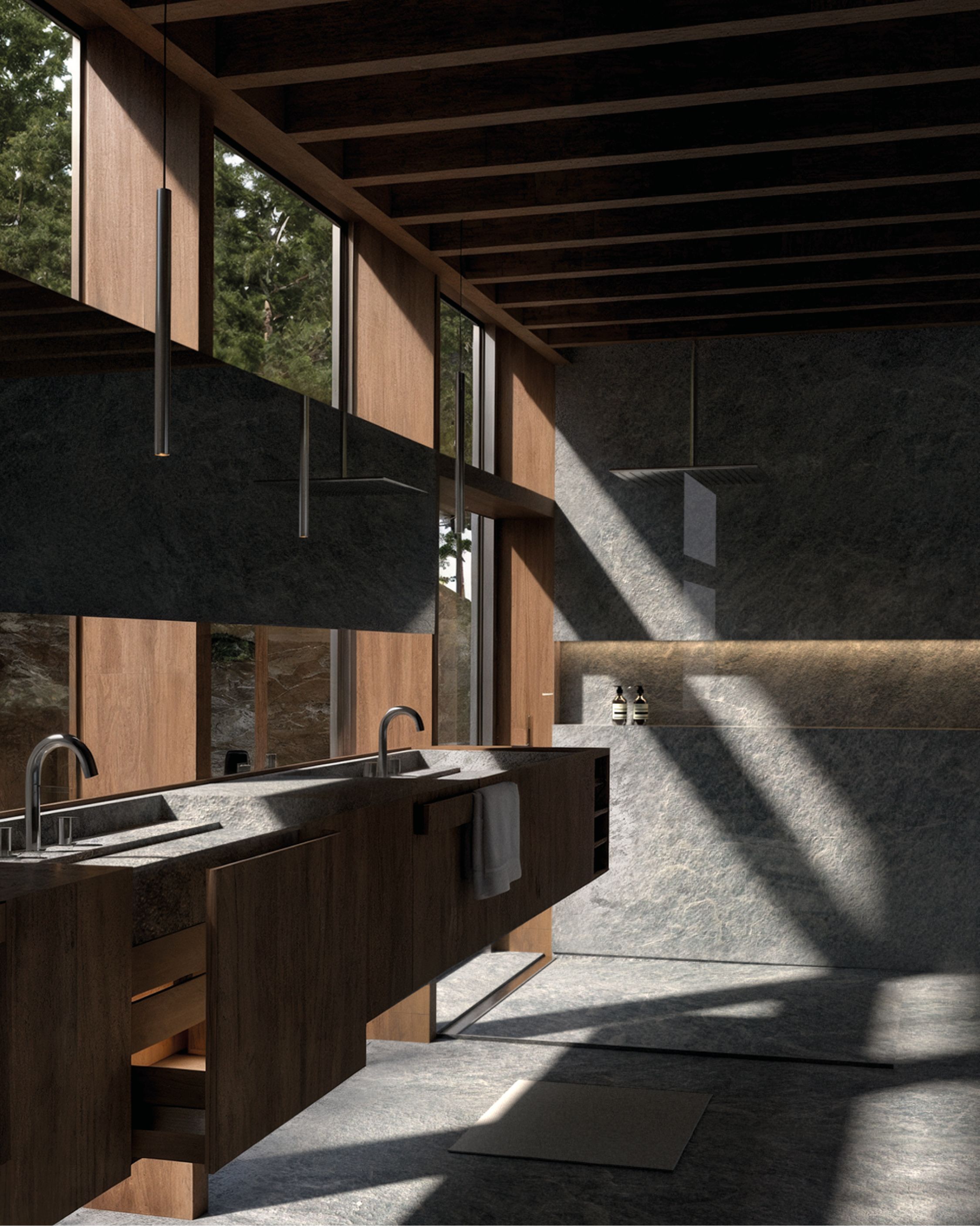 Render del baño de C15 con vanitory de madera oscura, piedra gris y luz cenital.
