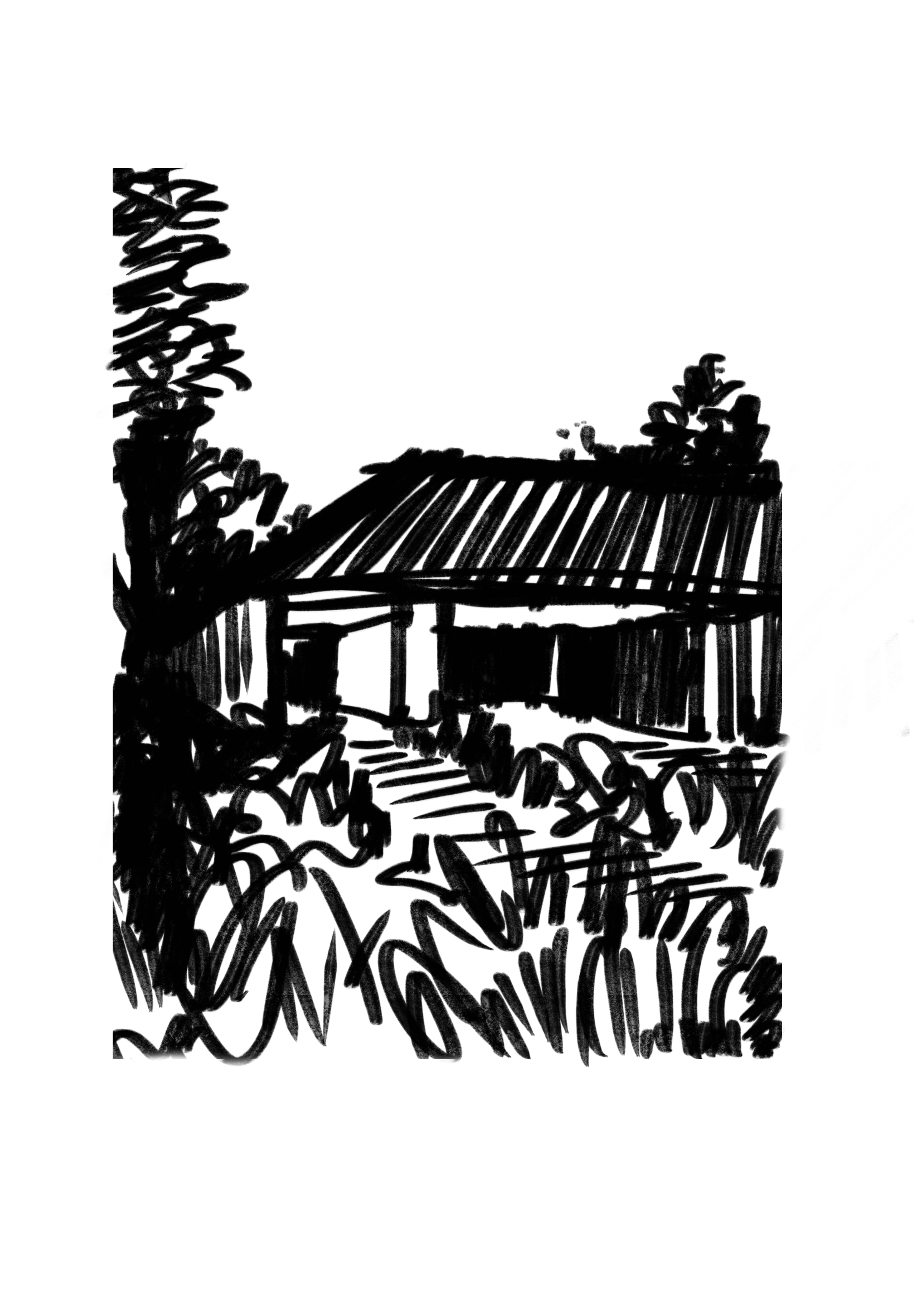 Croquis en tinta de C16 con la galería entre la vegetación.
