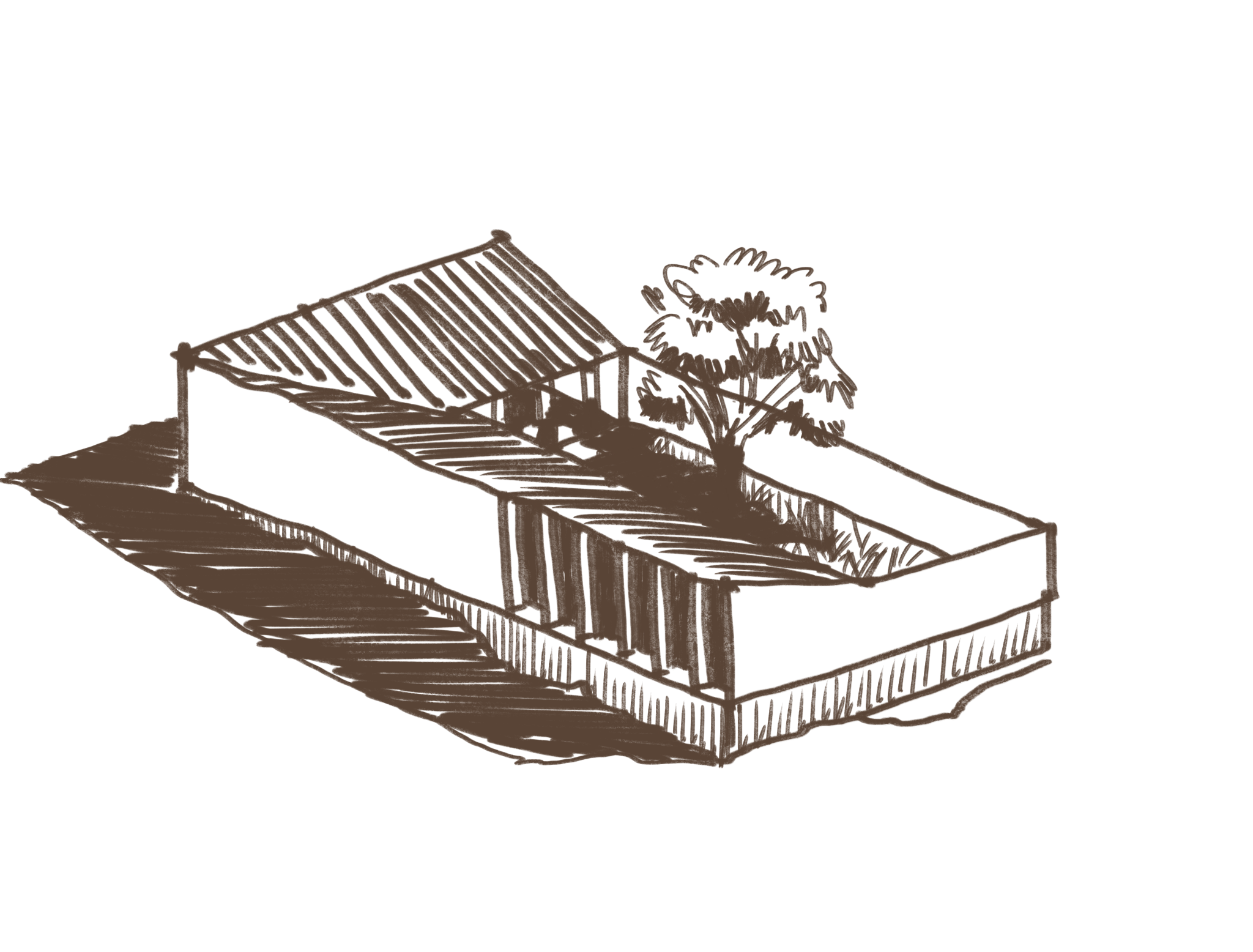 Croquis axonométrico de C15: la casa cerrada sobre su perímetro con un árbol en el patio.