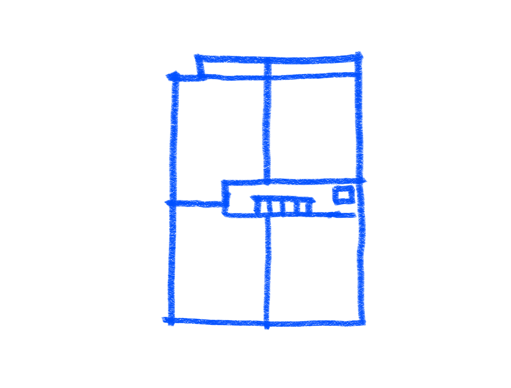 Croquis azul de la planta de RM443 con el núcleo de escalera al centro.