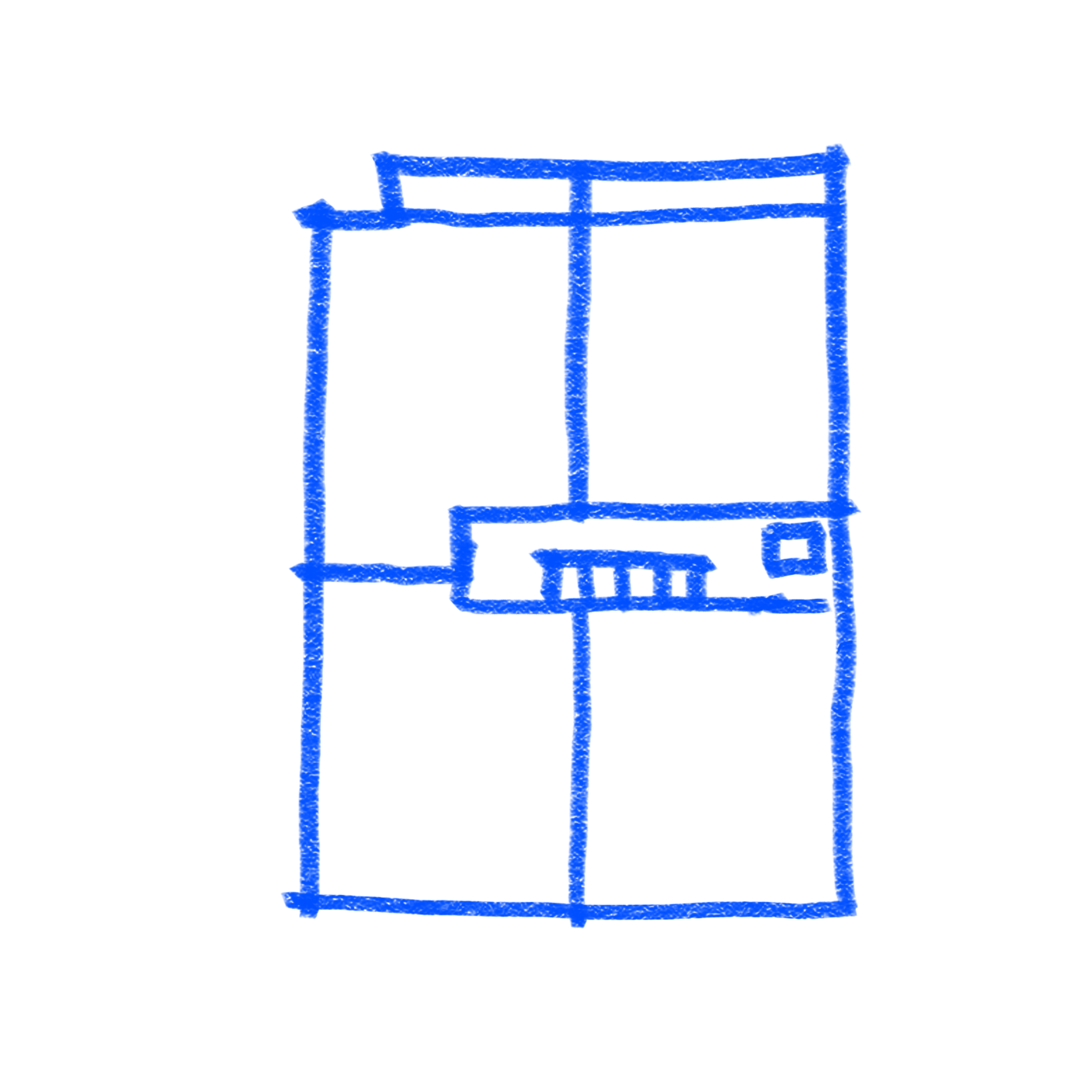 Croquis azul de la planta de RM443 con el núcleo de escalera al centro.