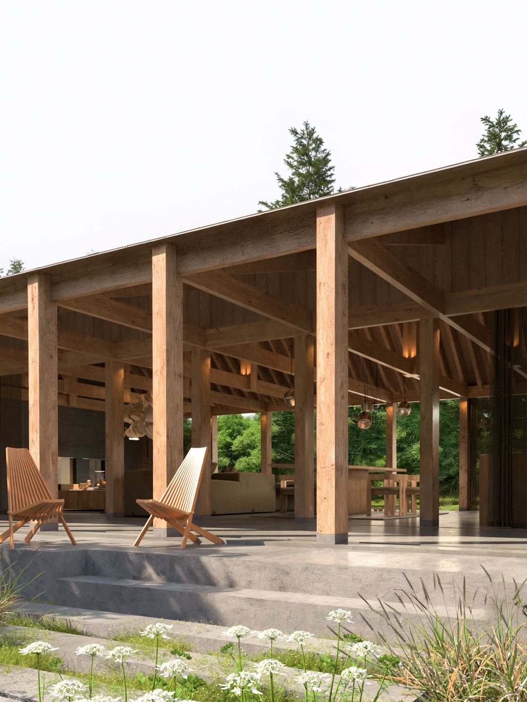 Render de la galería de C16 con pilares de madera y reposeras hacia el patio.
