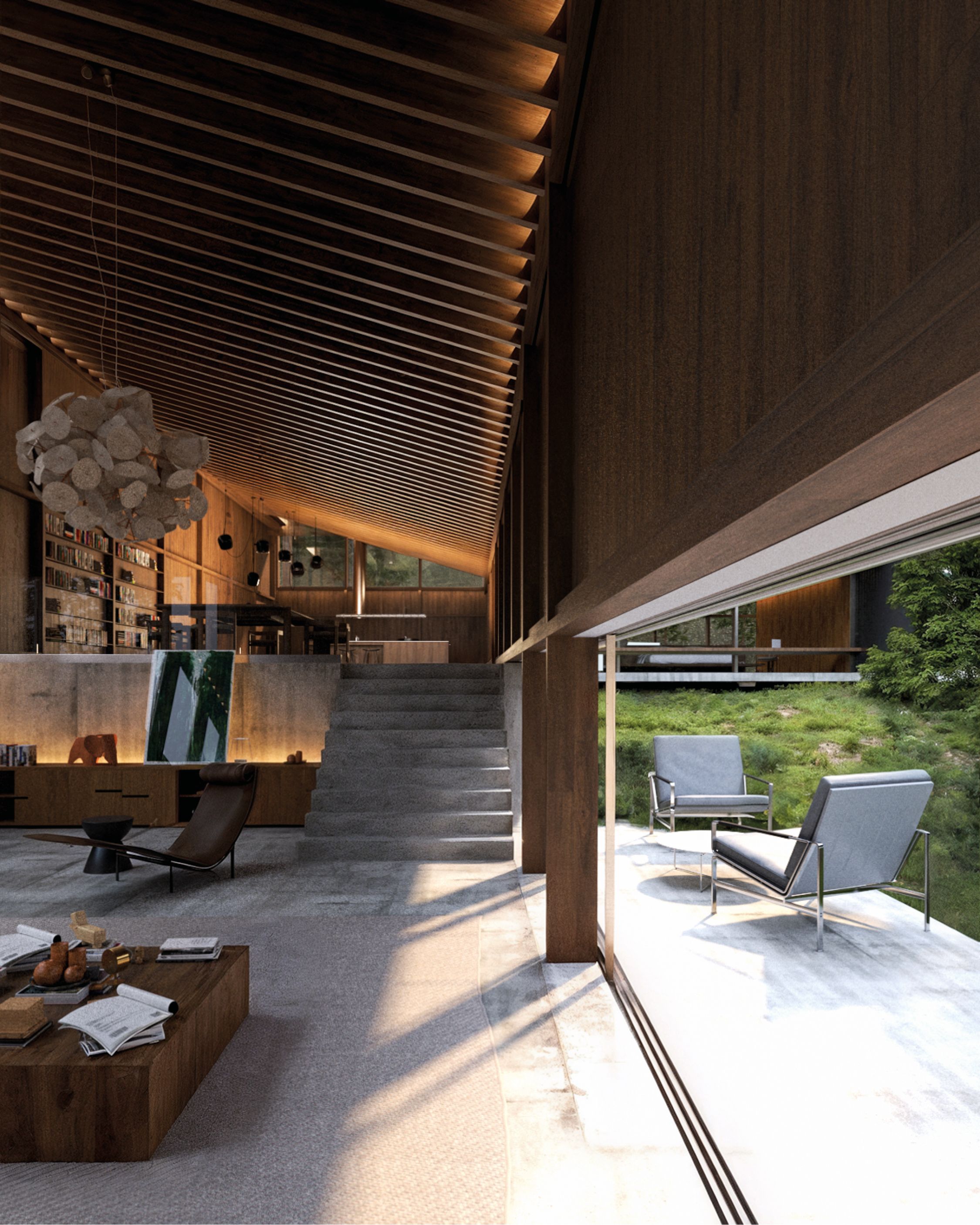 Render del estar de C15 a doble altura, con escalera de hormigón y galería hacia el jardín.