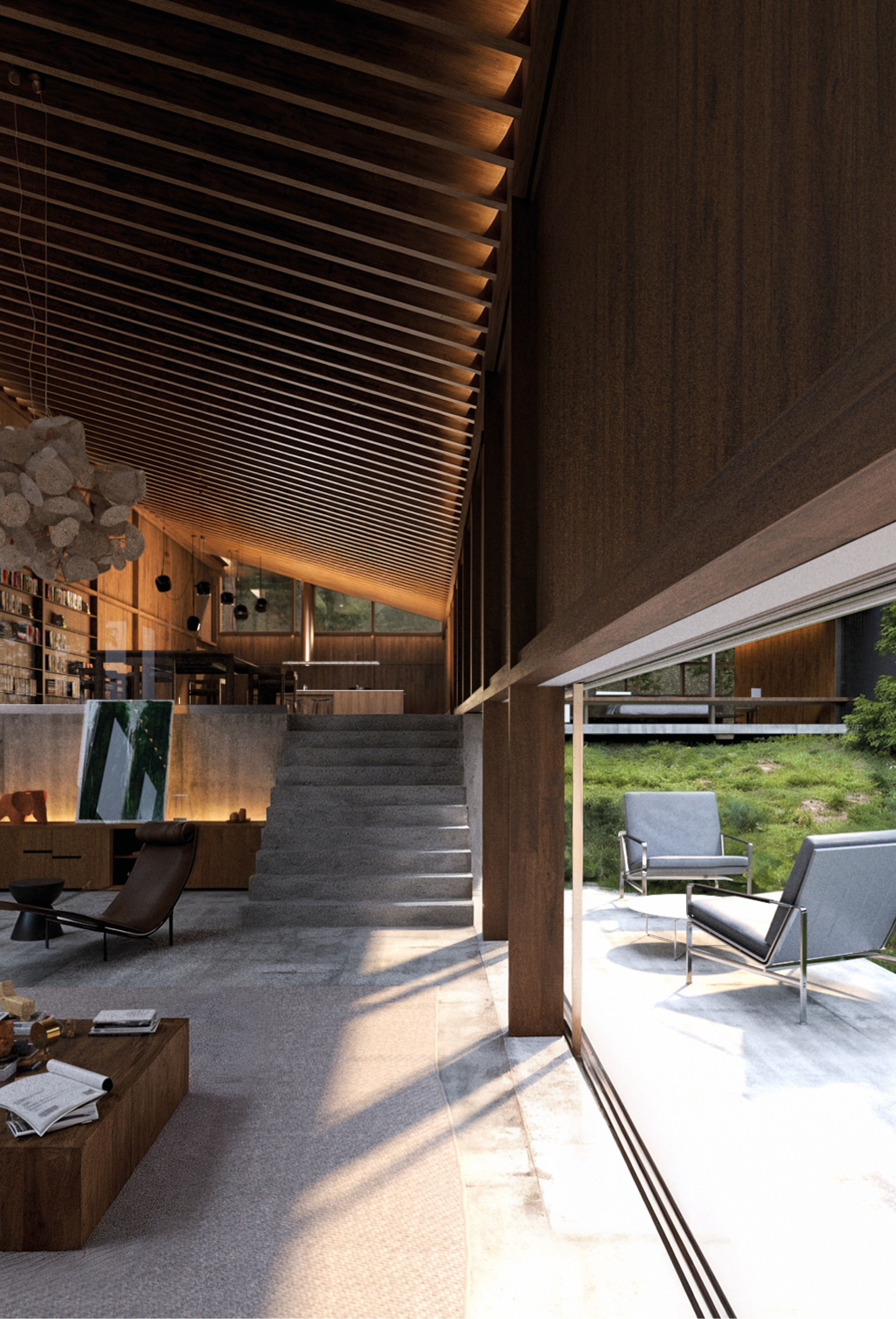 Render del estar de C15 a doble altura, con escalera de hormigón y galería hacia el jardín.