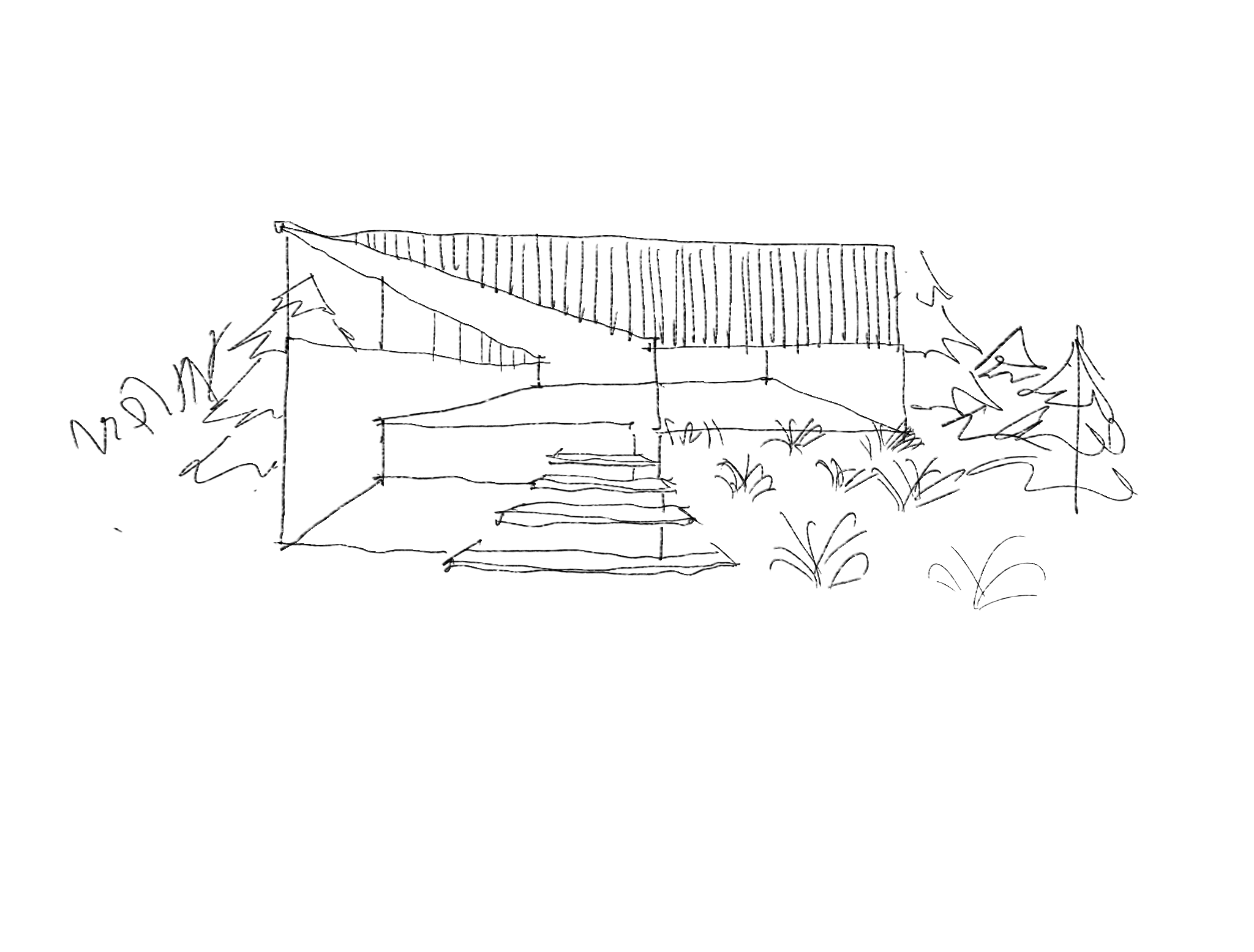 Croquis de C15 con la escalera de acceso y la cubierta inclinada.