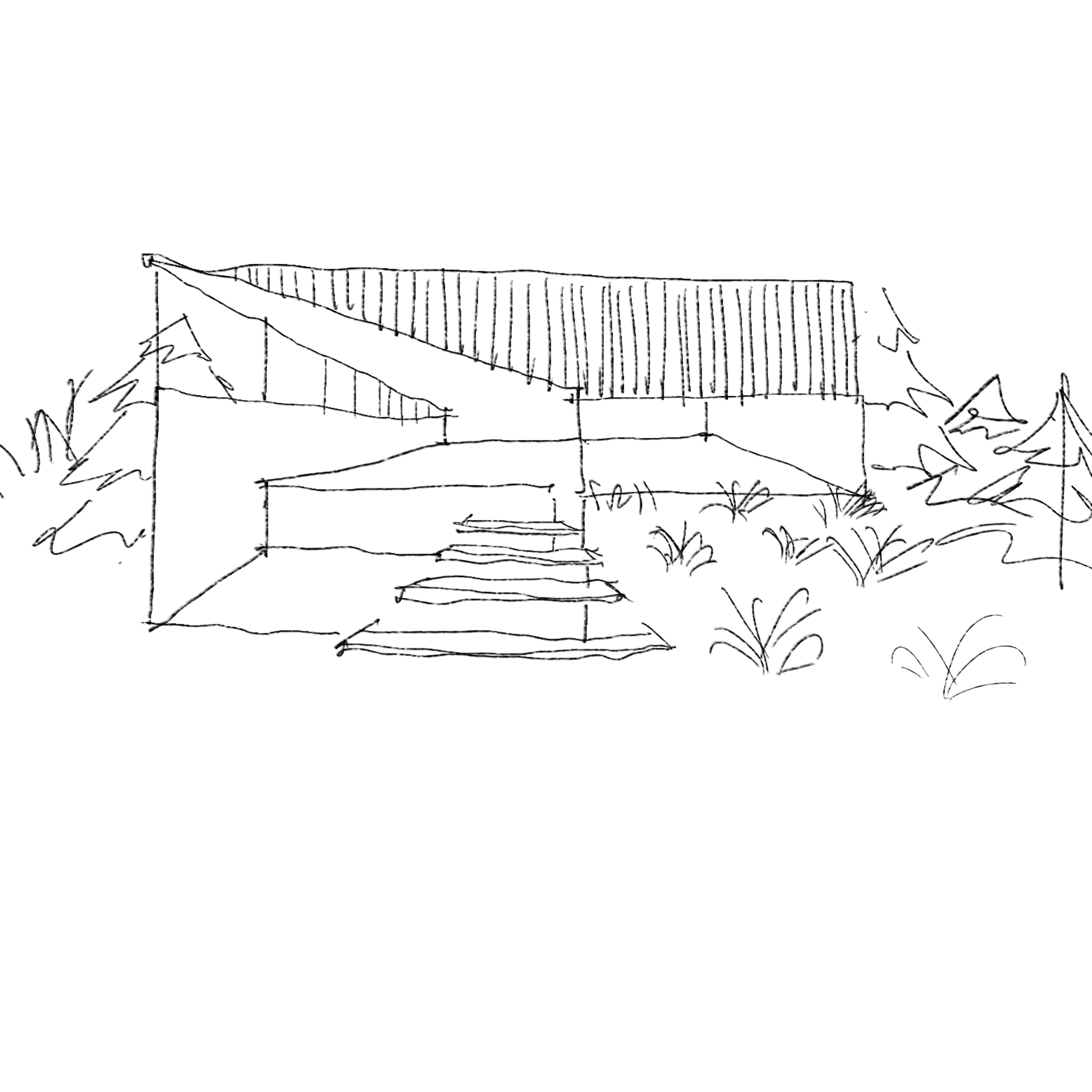 Croquis de C15 con la escalera de acceso y la cubierta inclinada.