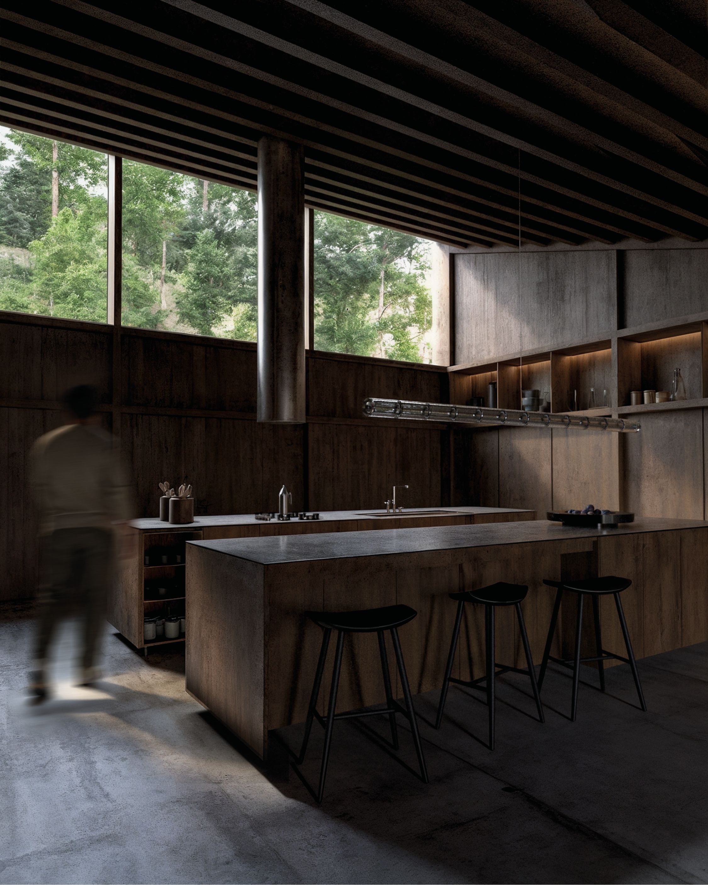 Espacio cubierto de madera abierto hacia el jardín, con una silla de descanso.