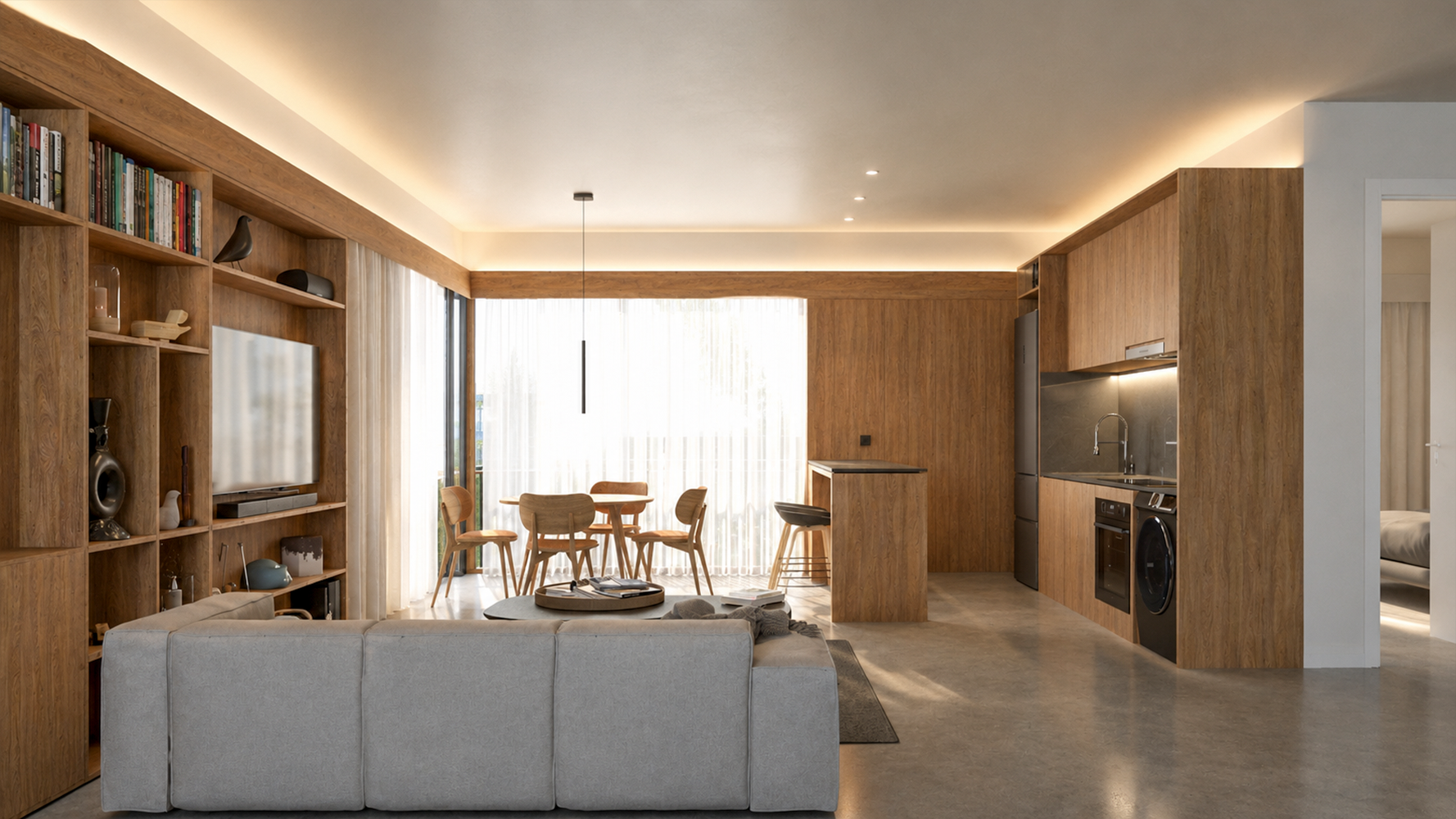 Render del estar, comedor y cocina de una unidad de ELF1101, con bibliotecas de madera.
