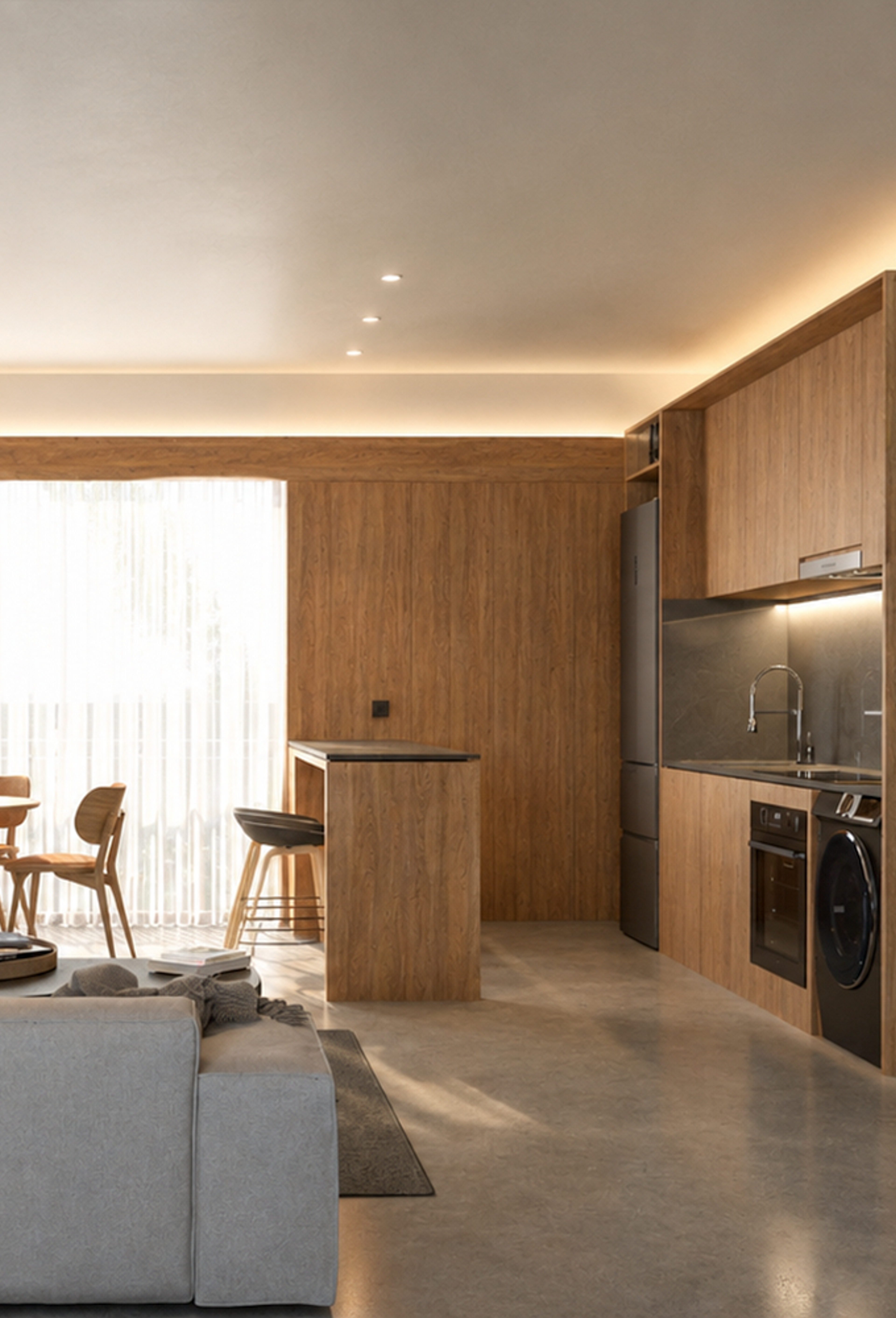 Render del estar, comedor y cocina de una unidad de ELF1101, con bibliotecas de madera.