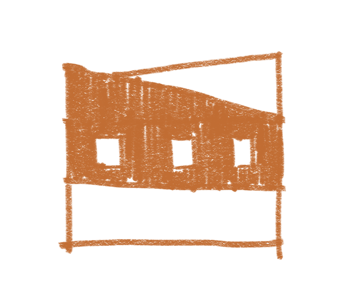 Croquis de la fachada de PSMA con cubierta inclinada y aberturas cuadradas.