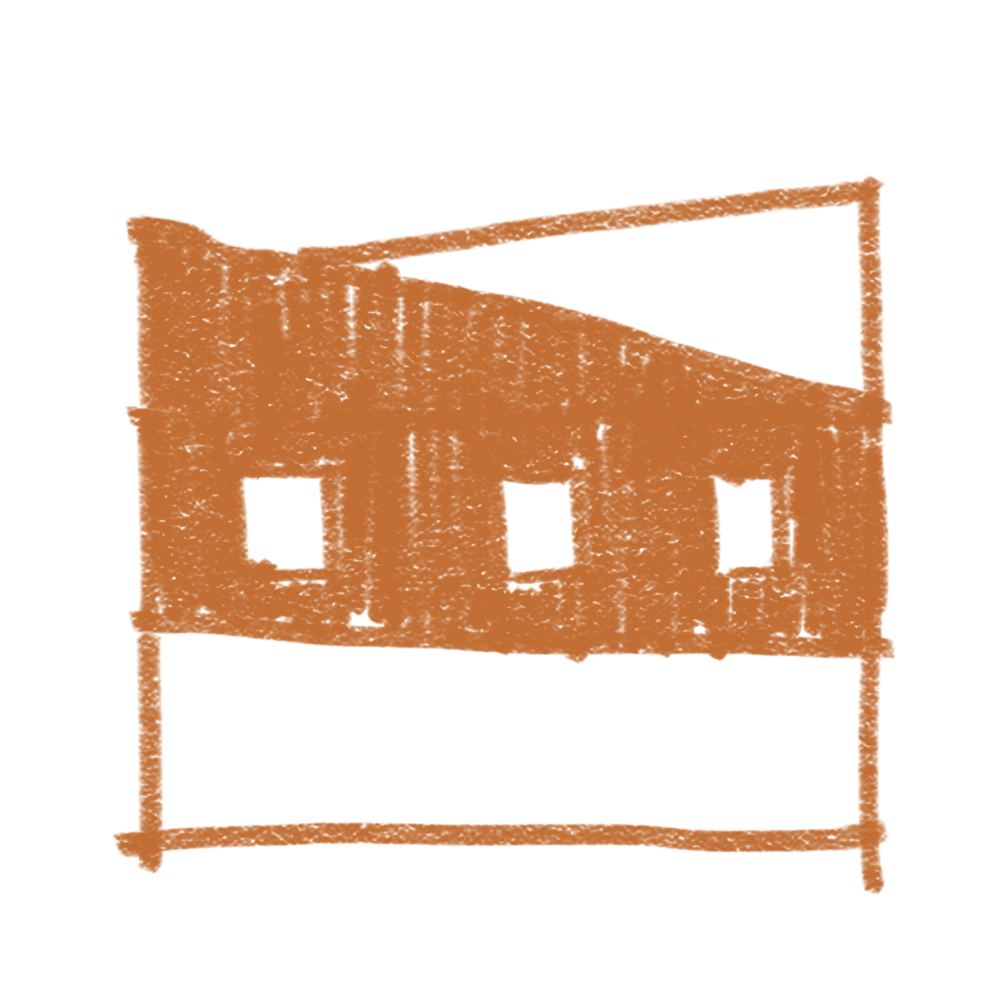 Croquis de la fachada de PSMA con cubierta inclinada y aberturas cuadradas.