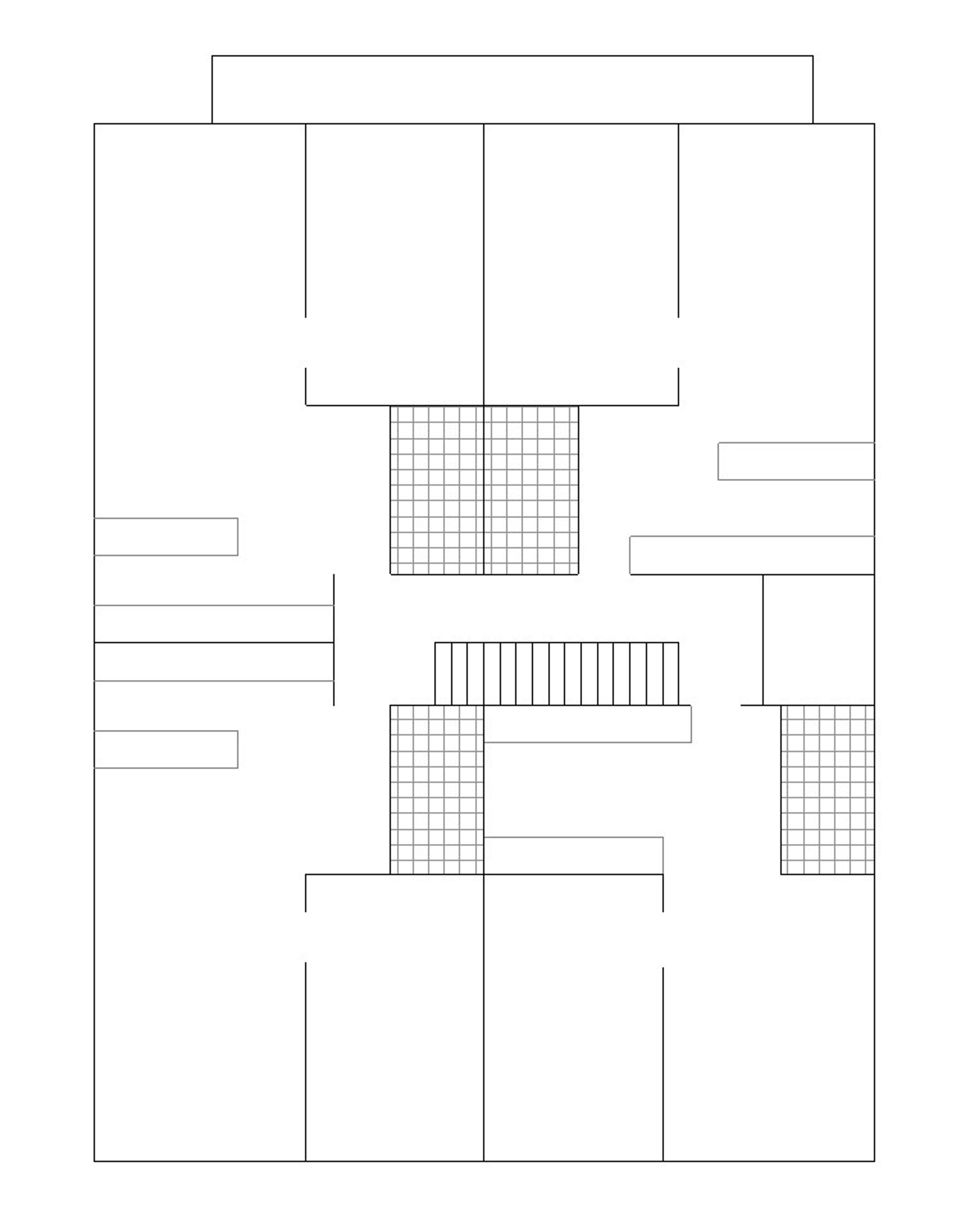 Planta tipo de RM443 con dos departamentos por piso alrededor del núcleo de escalera.
