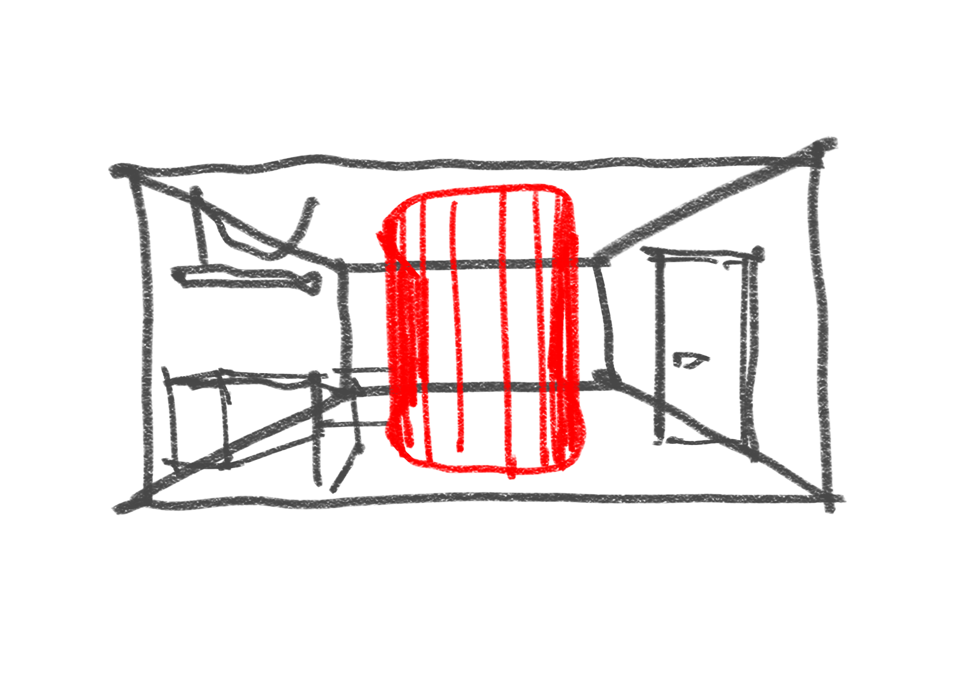 Croquis en perspectiva del volumen curvo rojo en el centro del departamento Y485.