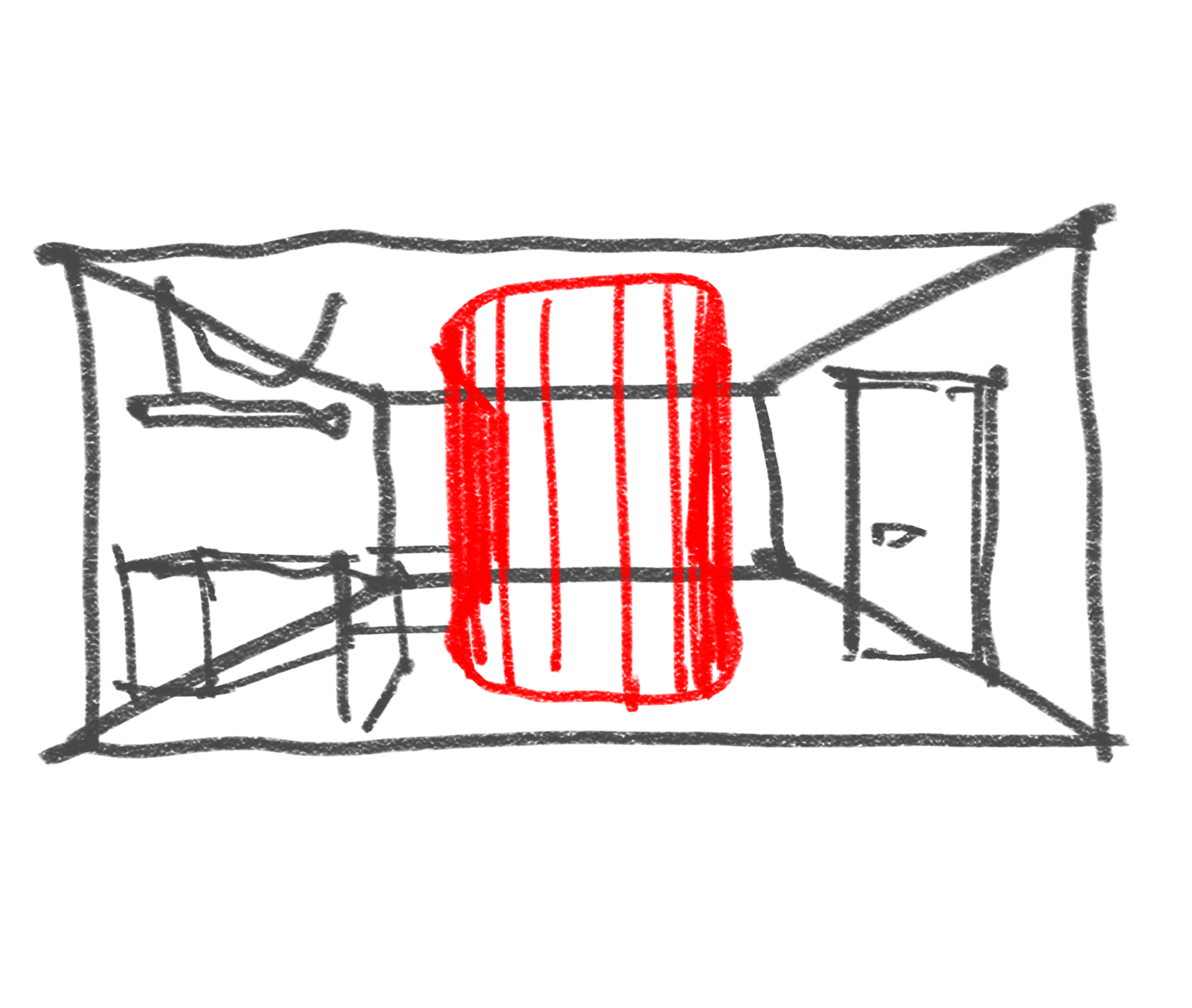 Croquis en perspectiva del volumen curvo rojo en el centro del departamento Y485.