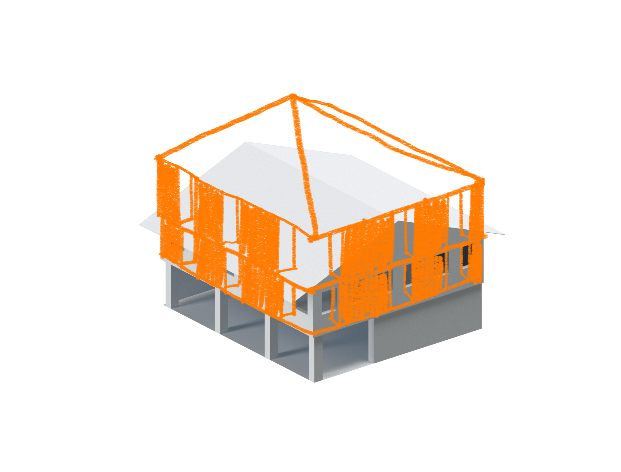 Axonometría de la reforma de ELF1101: la nueva envolvente naranja sobre el edificio existente.