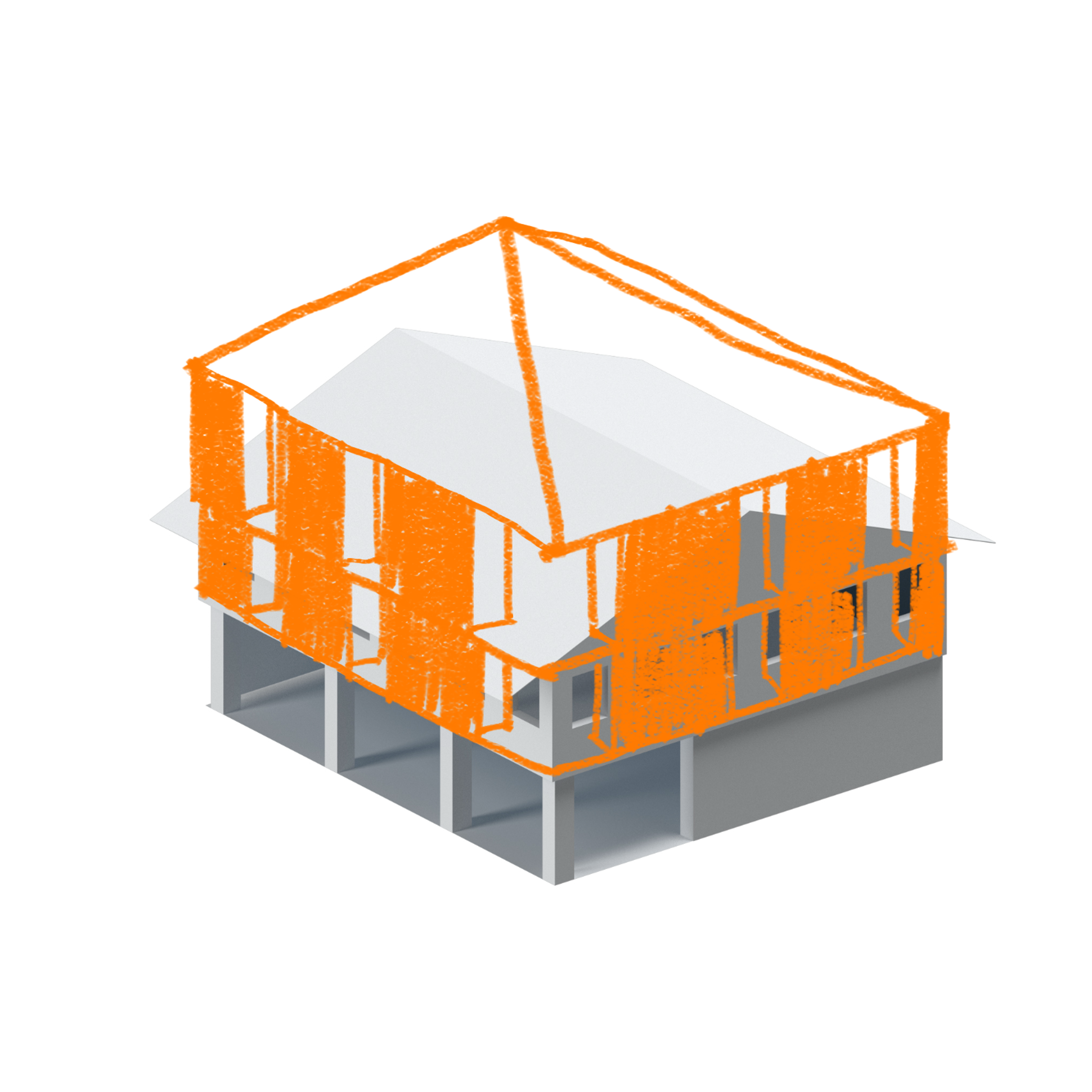 Axonometría de la reforma de ELF1101: la nueva envolvente naranja sobre el edificio existente.
