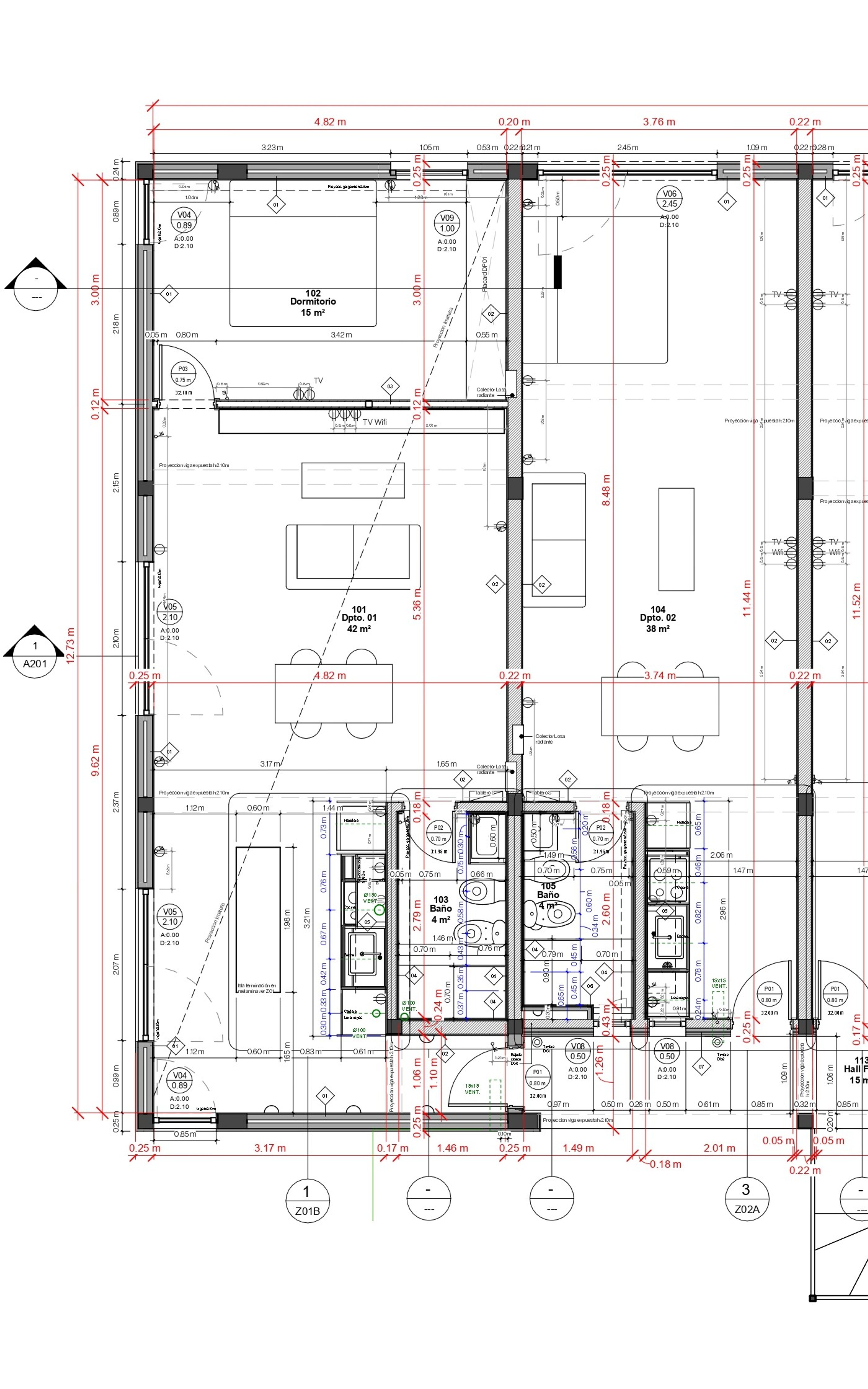 Planta de arquitectura de PSMA con cuatro departamentos y la escalera común.