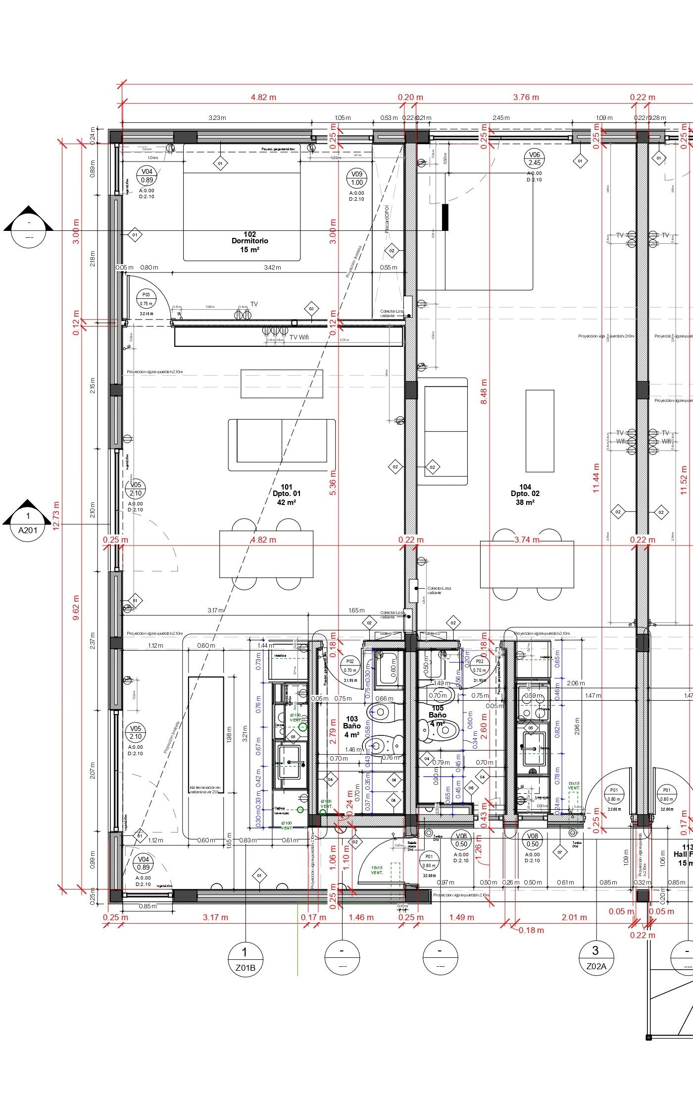 Planta de arquitectura de PSMA con cuatro departamentos y la escalera común.