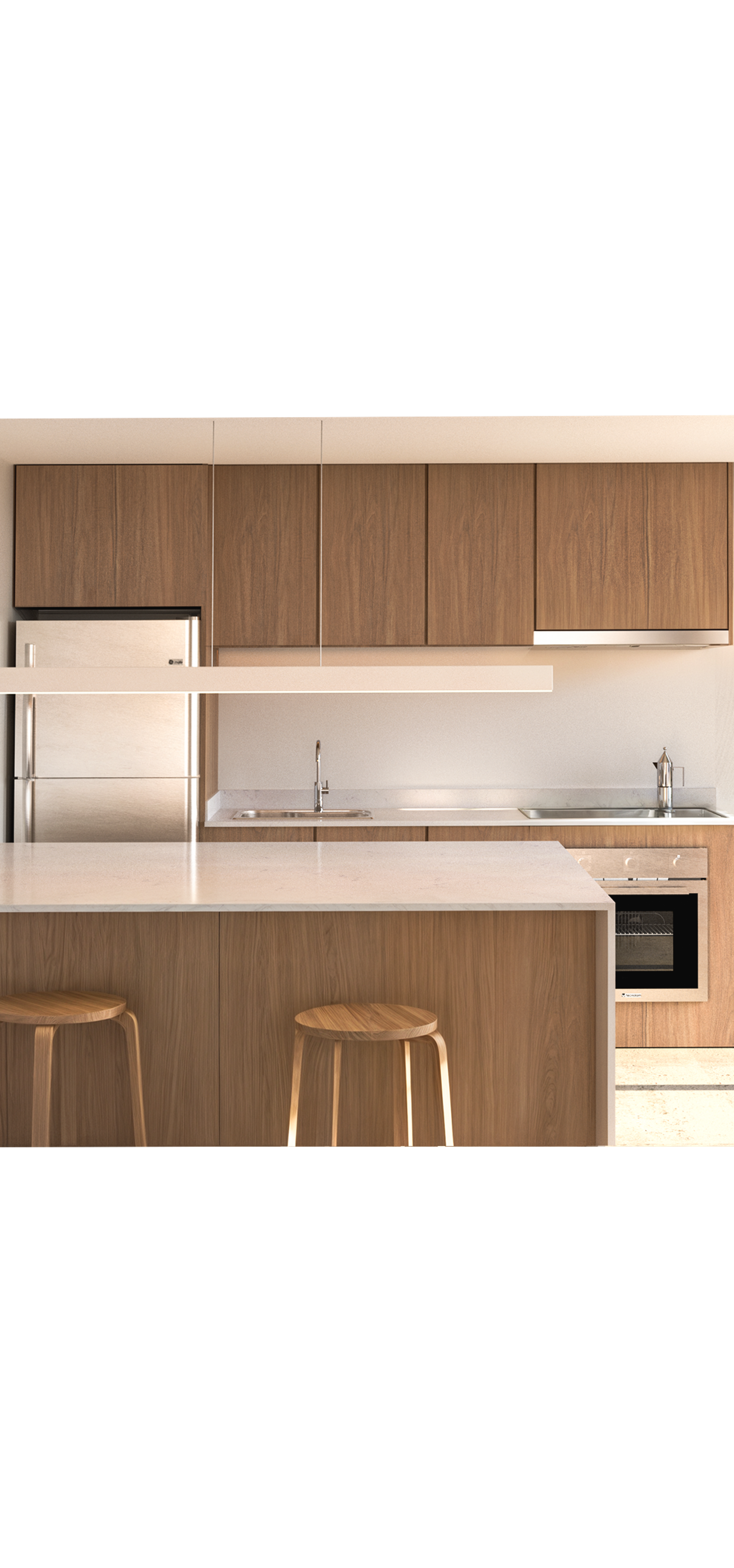 Render de la cocina de un departamento de RM443, con muebles de madera e isla con banquetas.