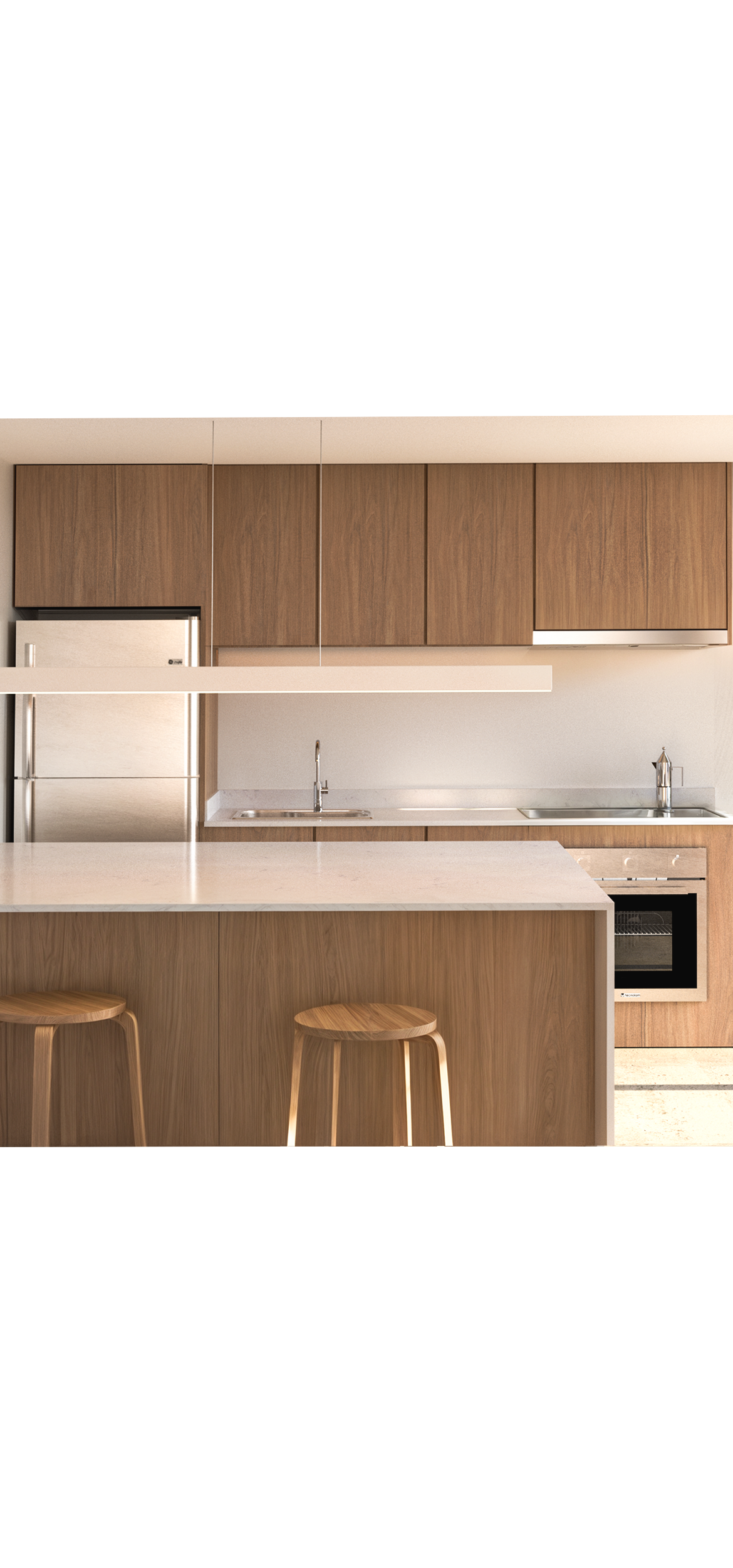 Render de la cocina de un departamento de RM443, con muebles de madera e isla con banquetas.