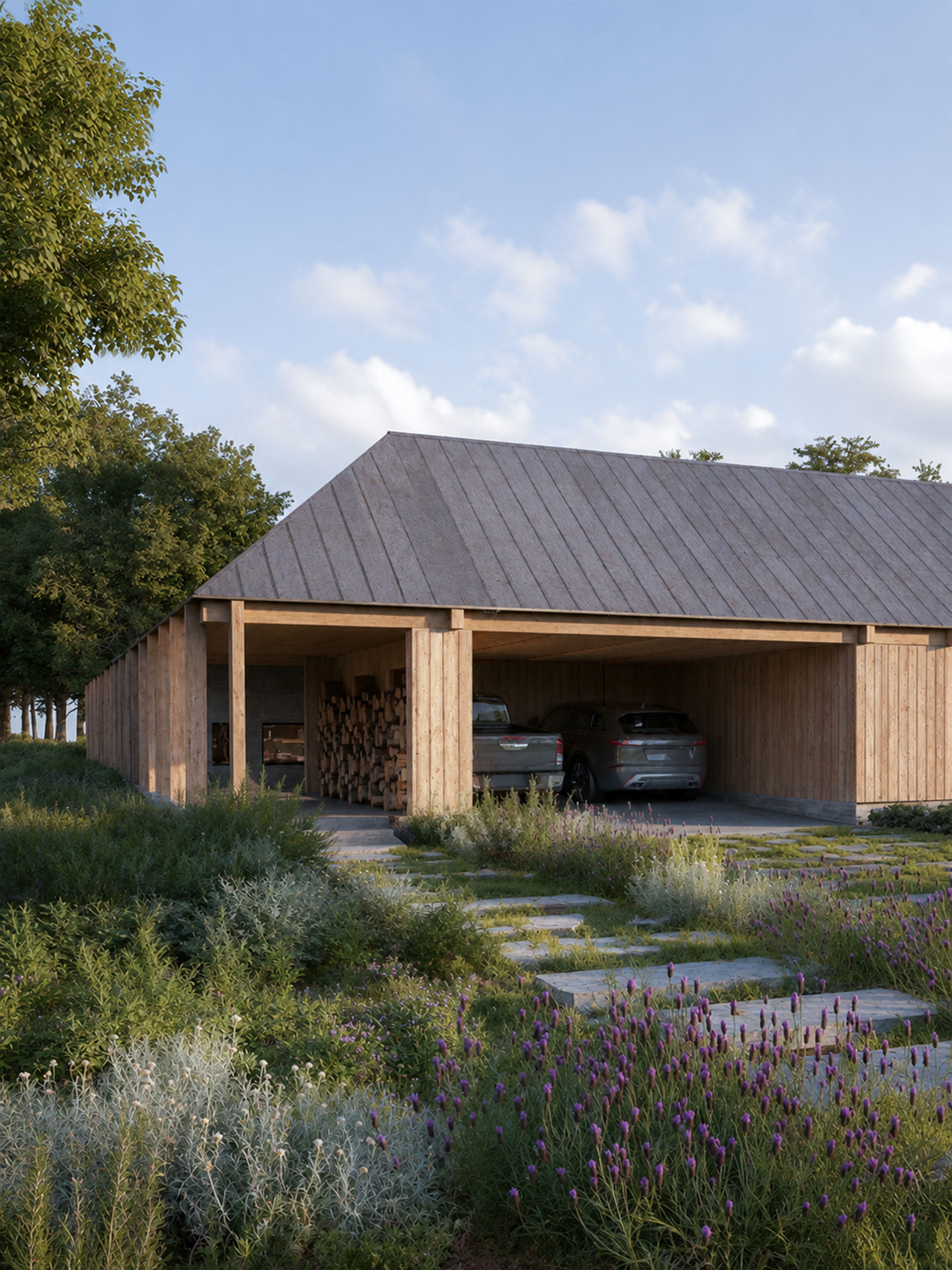Render del acceso a C16: cochera de madera y cubierta a dos aguas entre jardines.