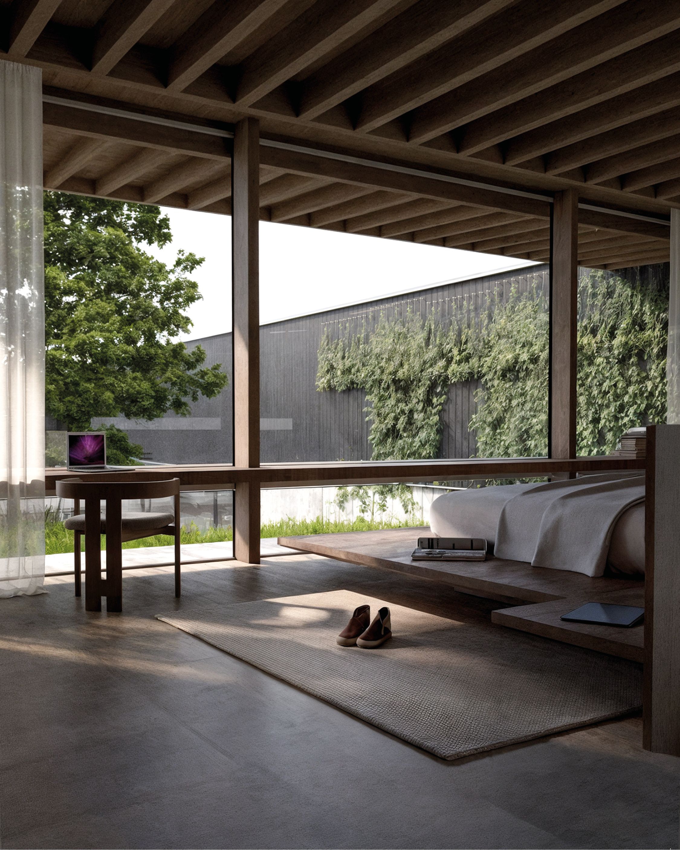 Render del dormitorio de C15 con vigas de madera y vista al patio con enredaderas.