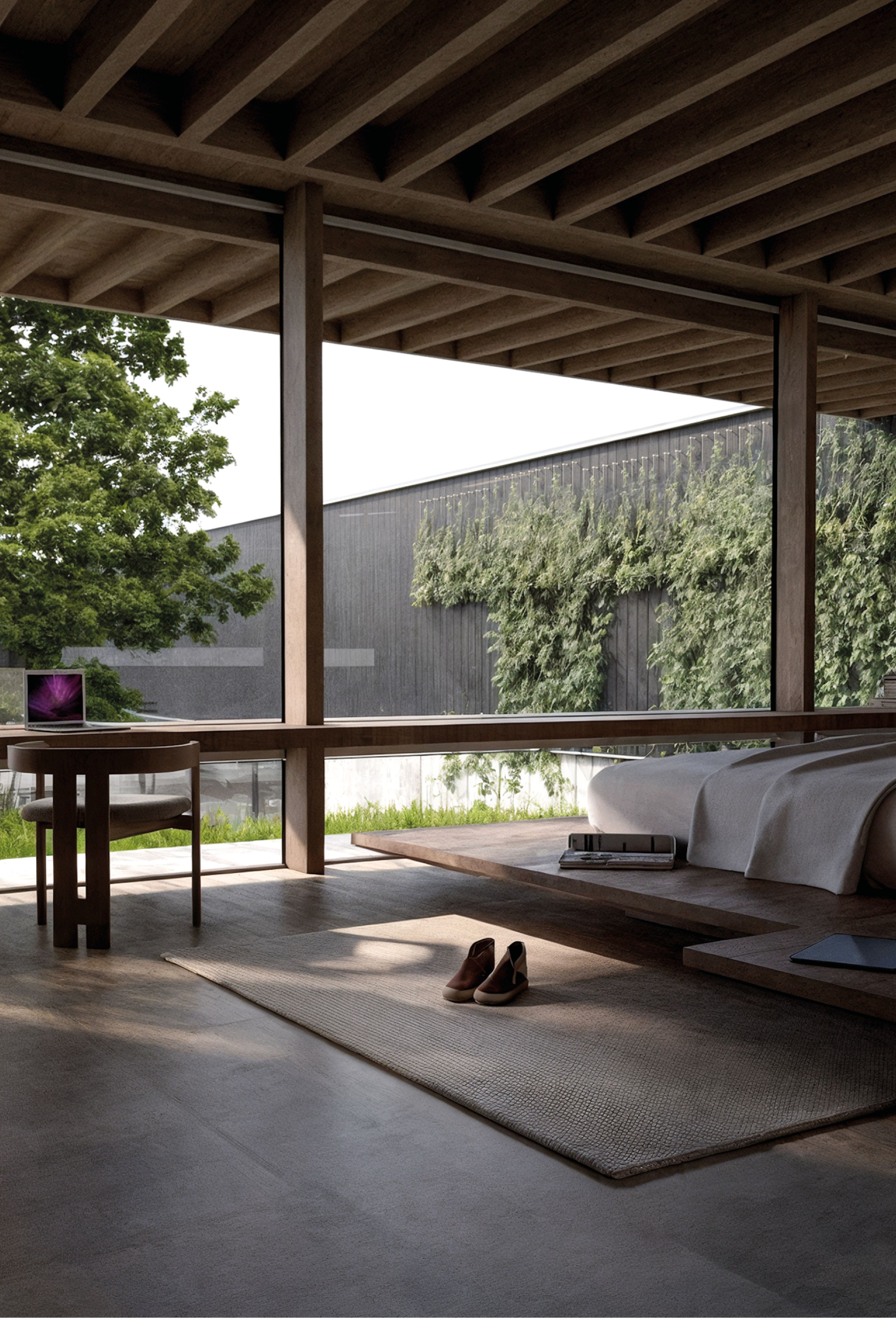 Render del dormitorio de C15 con vigas de madera y vista al patio con enredaderas.