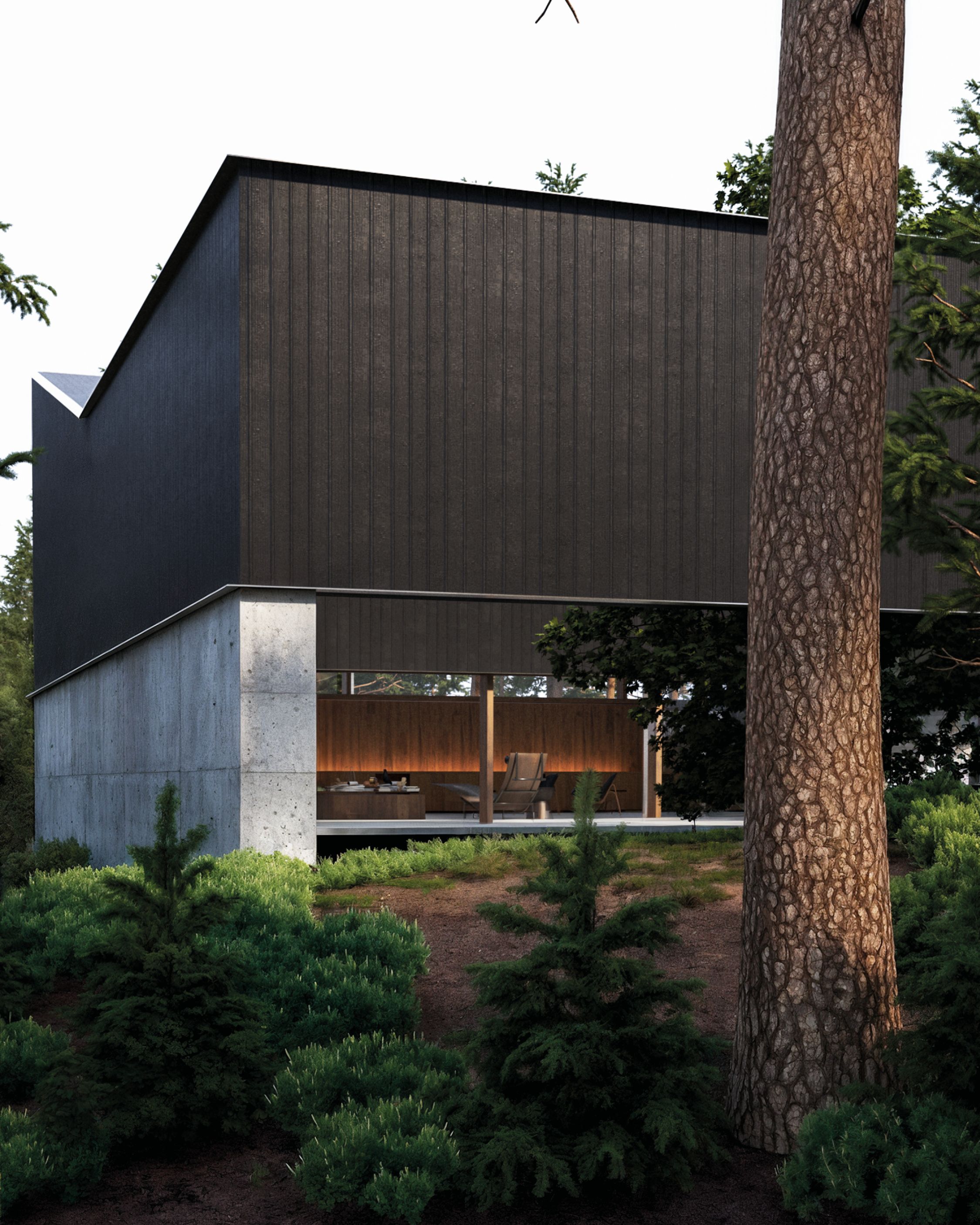 Render de la casa C15: volumen de madera oscura sobre un basamento de hormigón, entre pinos.