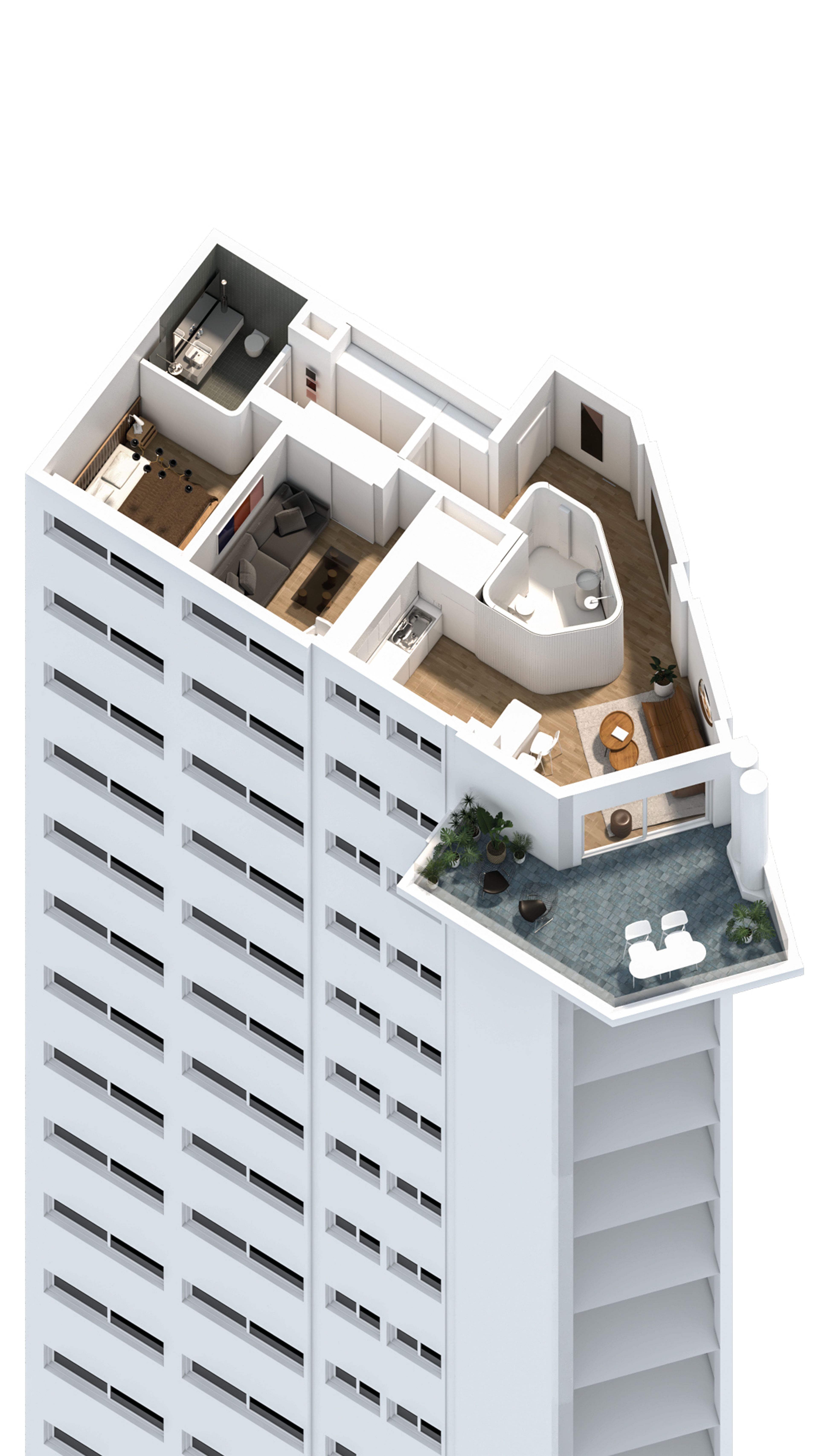 Render axonometria de planta reforma interiorismo de departamento
