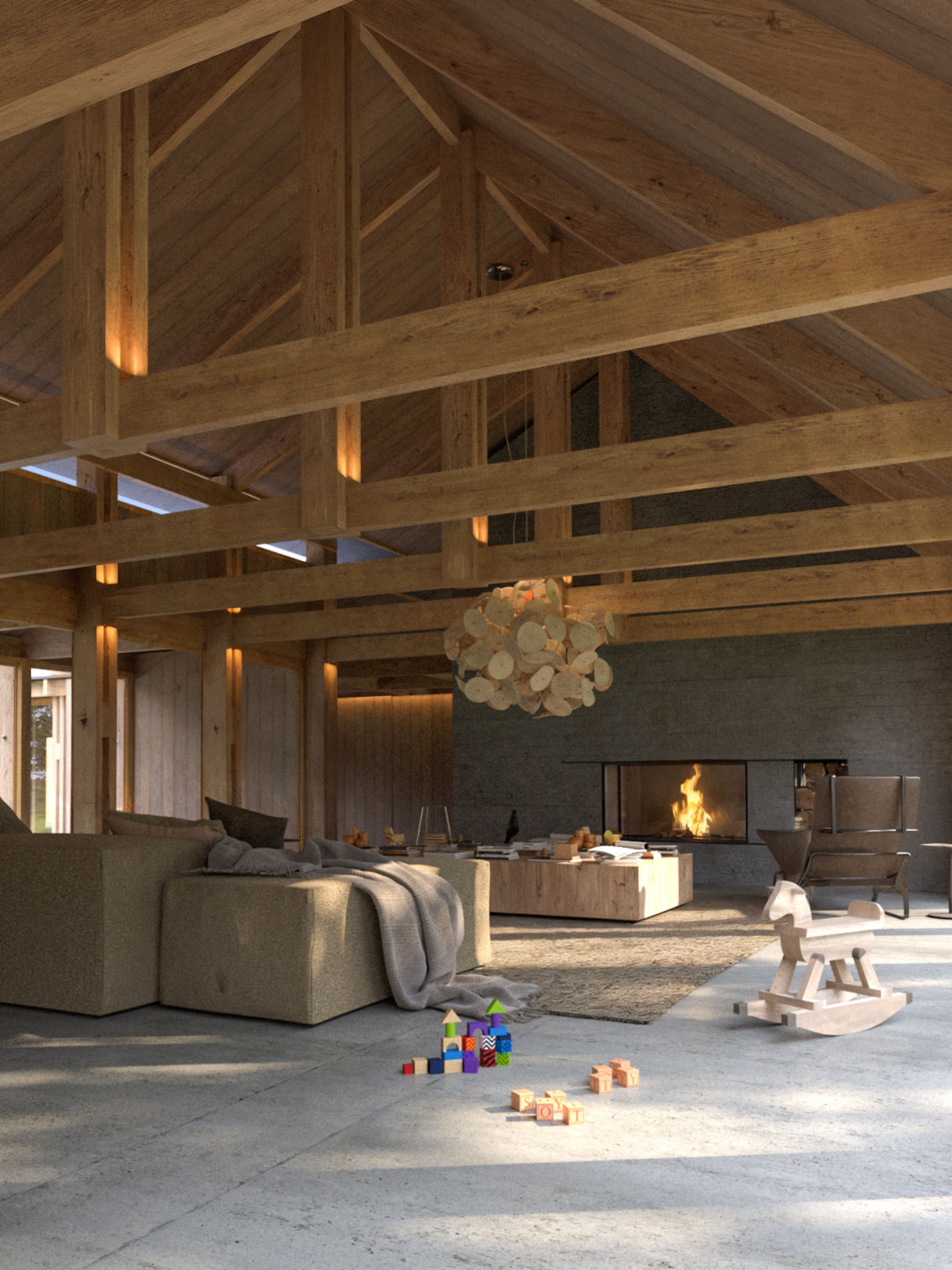 Render del living de la casa C16 en Bariloche, con cerchas de madera a la vista, hogar de hormigón y piso de cemento.
