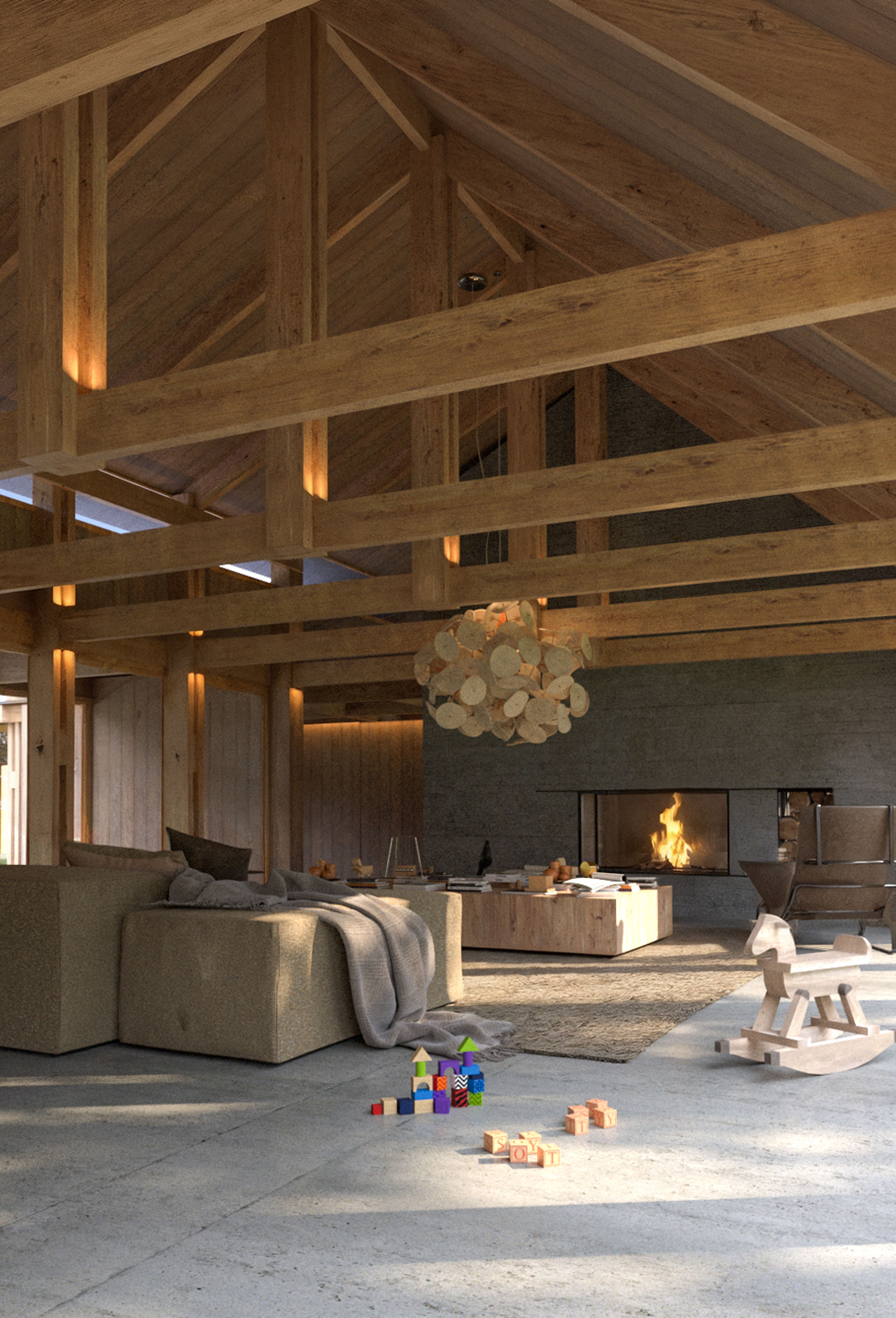 Render del living de la casa C16 en Bariloche, con cerchas de madera a la vista, hogar de hormigón y piso de cemento.