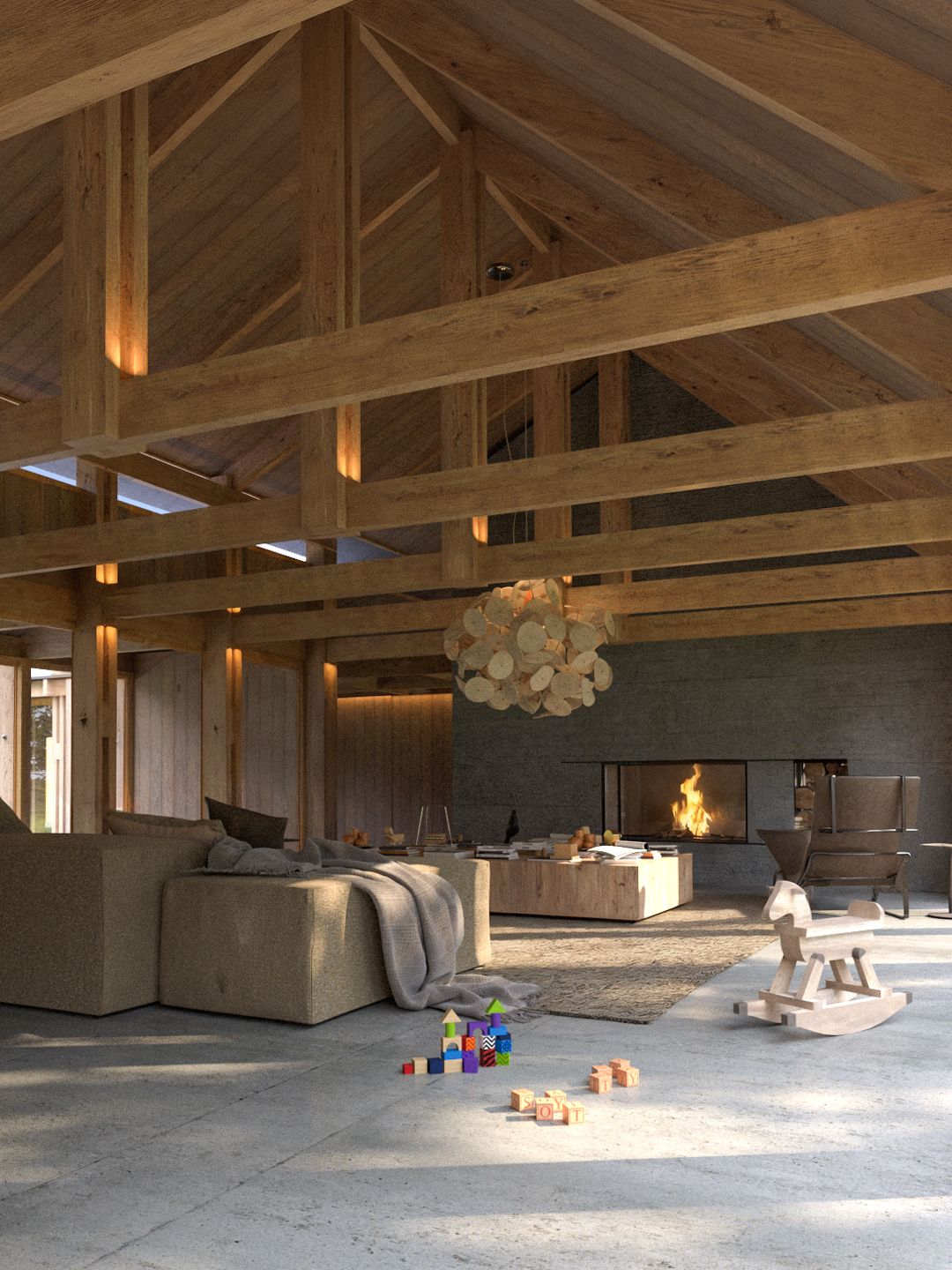 Render del living de la casa C16 en Bariloche, con cerchas de madera a la vista, hogar de hormigón y piso de cemento.