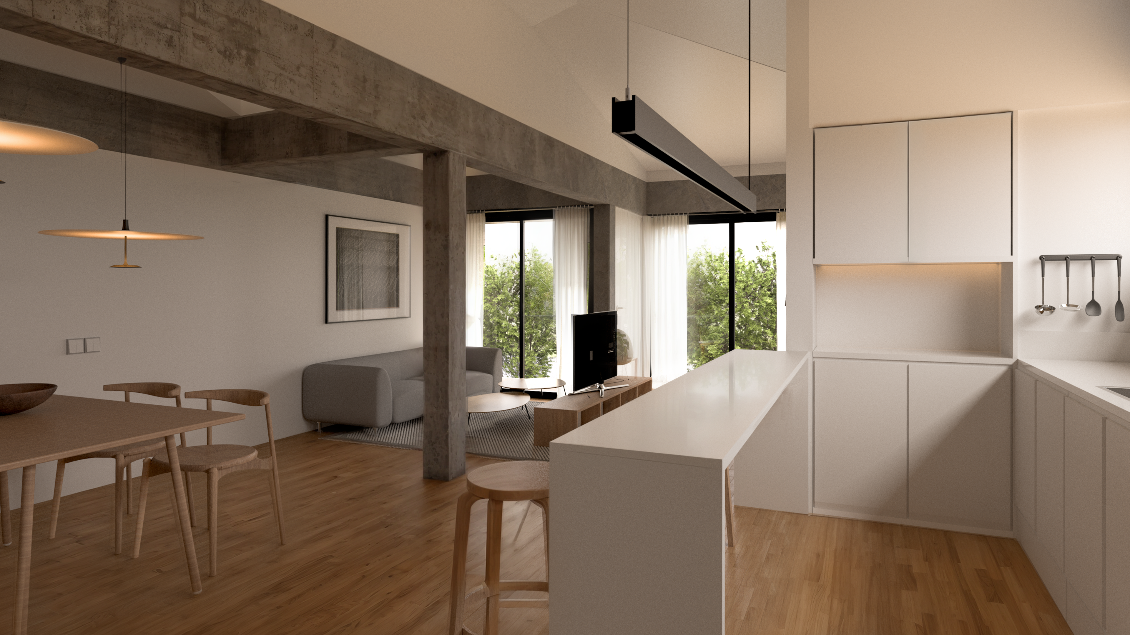 Render de un departamento de PSMA: cocina abierta, comedor y estar con piso de madera.
