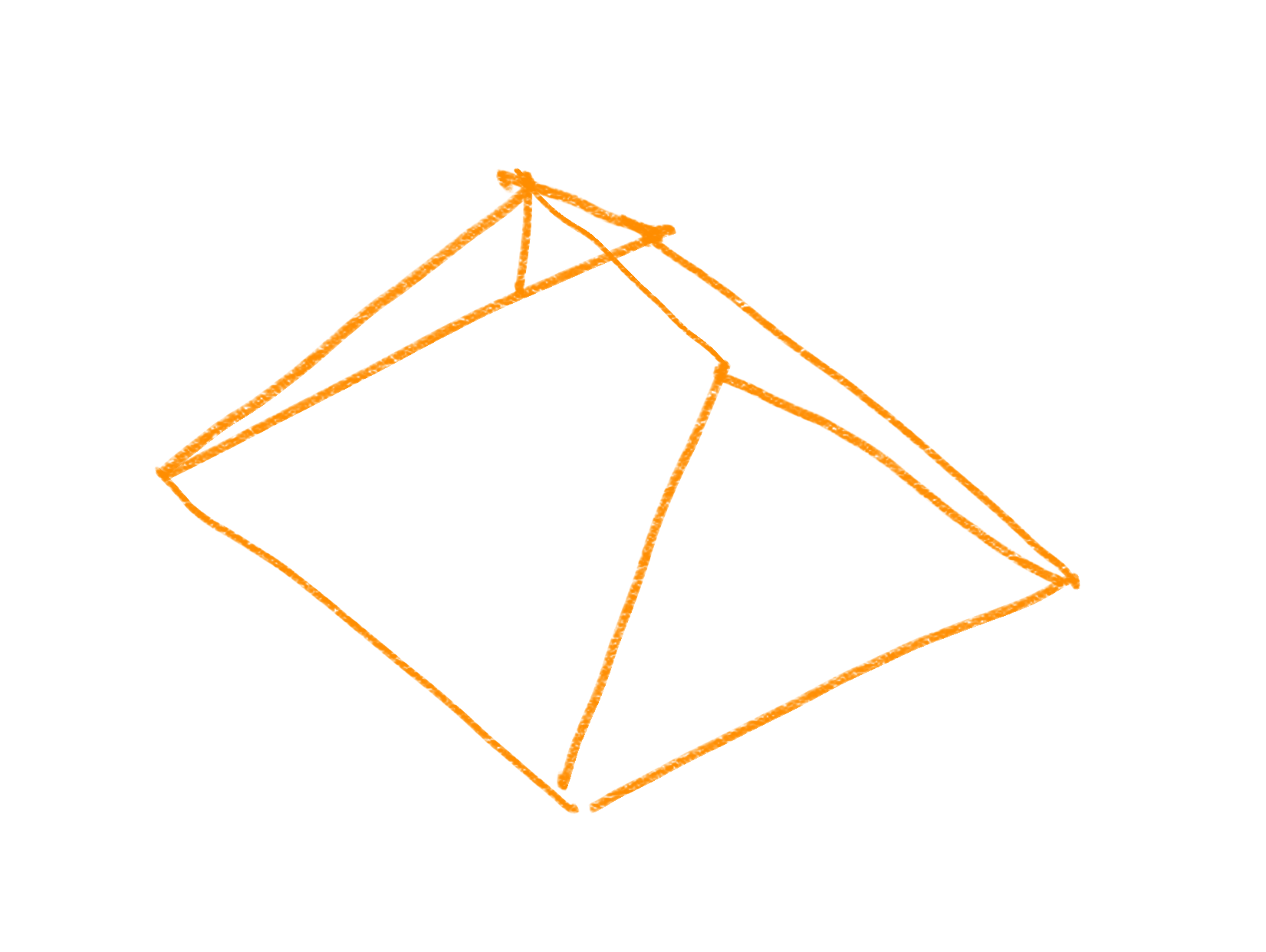Croquis naranja de la cubierta a cuatro aguas del edificio de esquina ELF1101 en Bariloche.