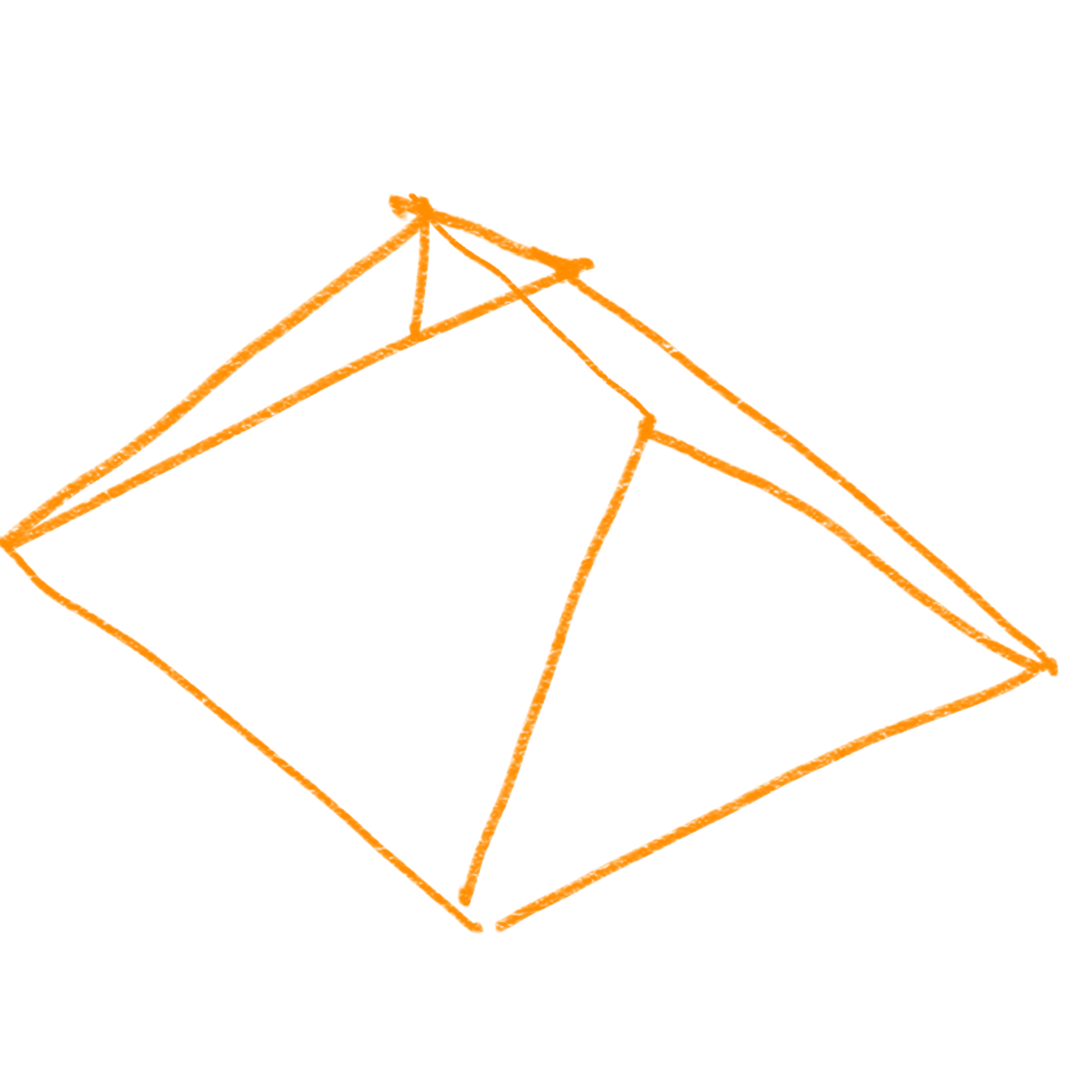 Croquis naranja de la cubierta a cuatro aguas del edificio de esquina ELF1101 en Bariloche.