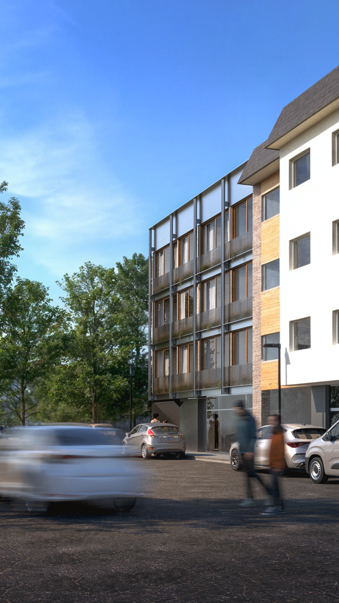 Render del edificio RM443 en una calle del centro de Bariloche, con balcones de madera.