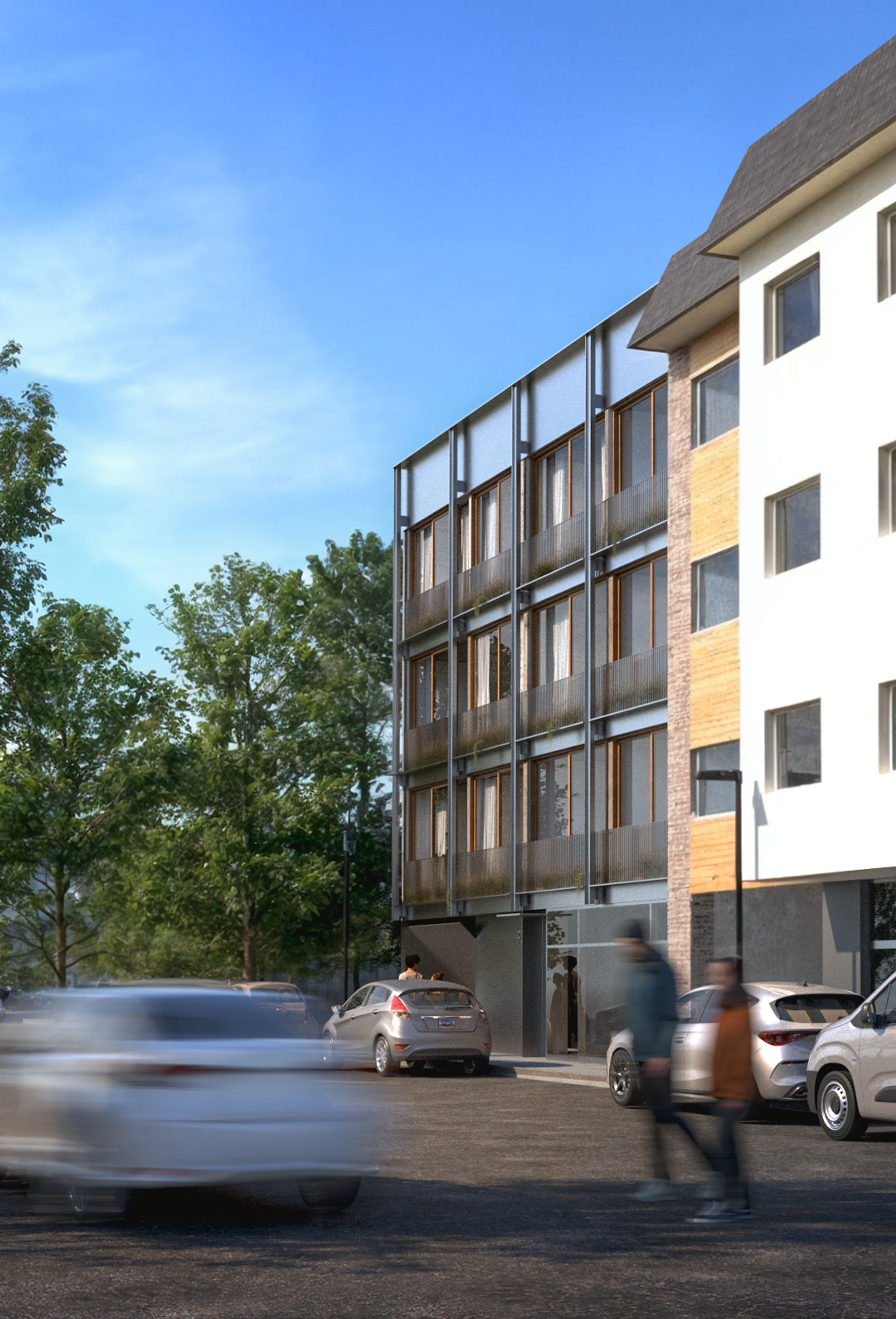 Render del edificio RM443 en una calle del centro de Bariloche, con balcones de madera.