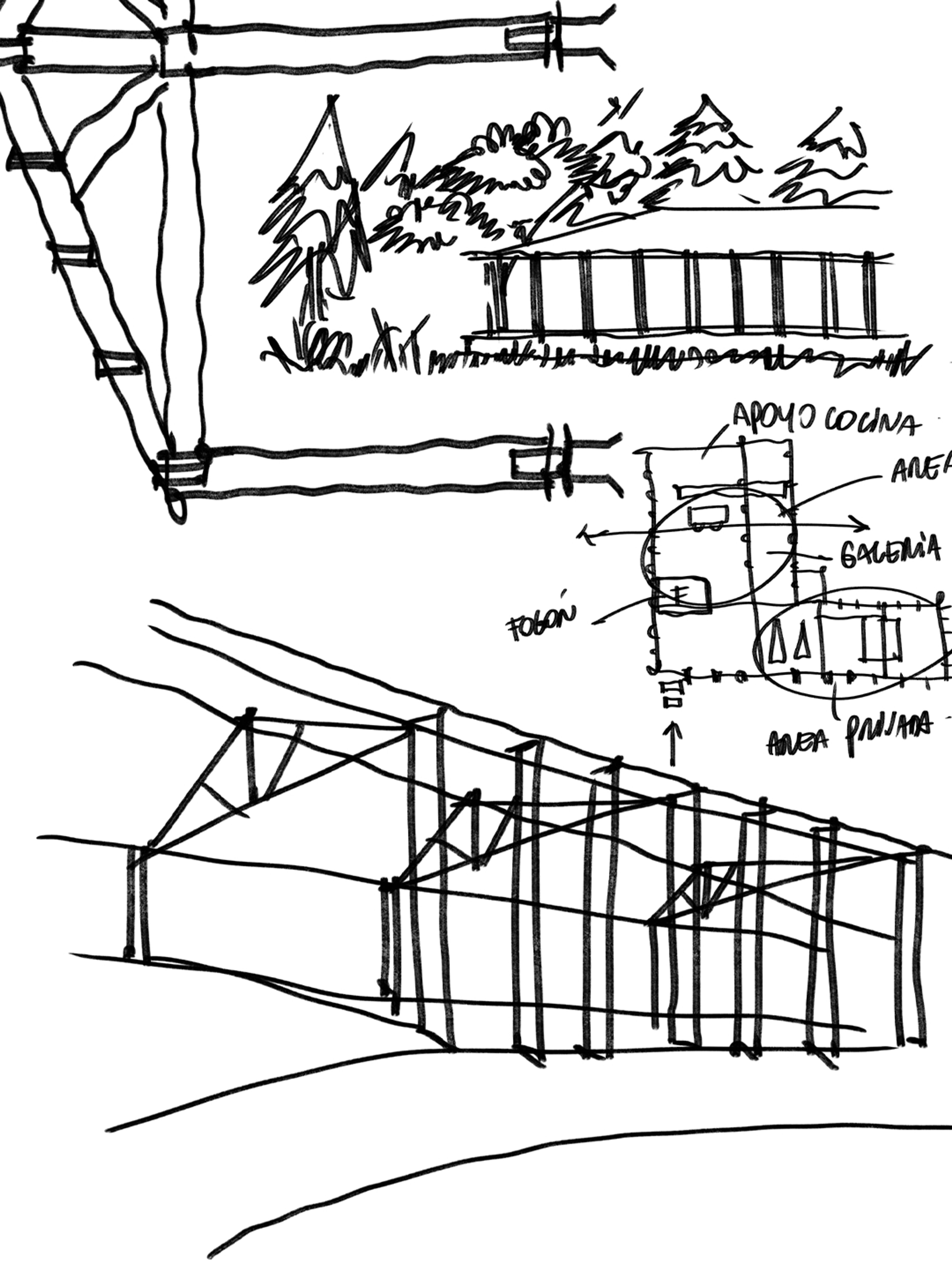Lámina de croquis de C16 con la estructura, el paisaje y la organización de la cocina y la galería.