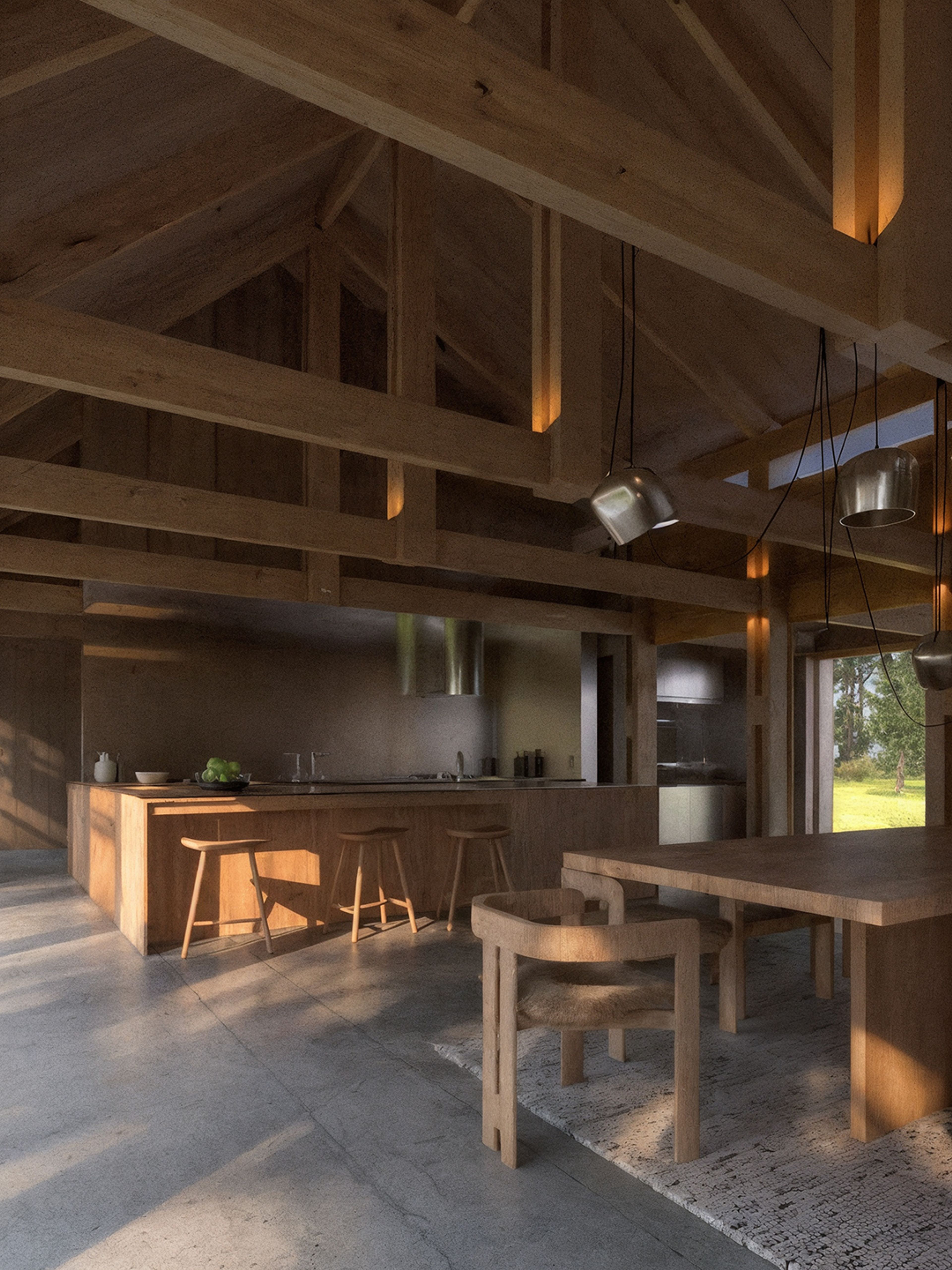 Render de la cocina y comedor de C16 bajo la estructura de madera a la vista.