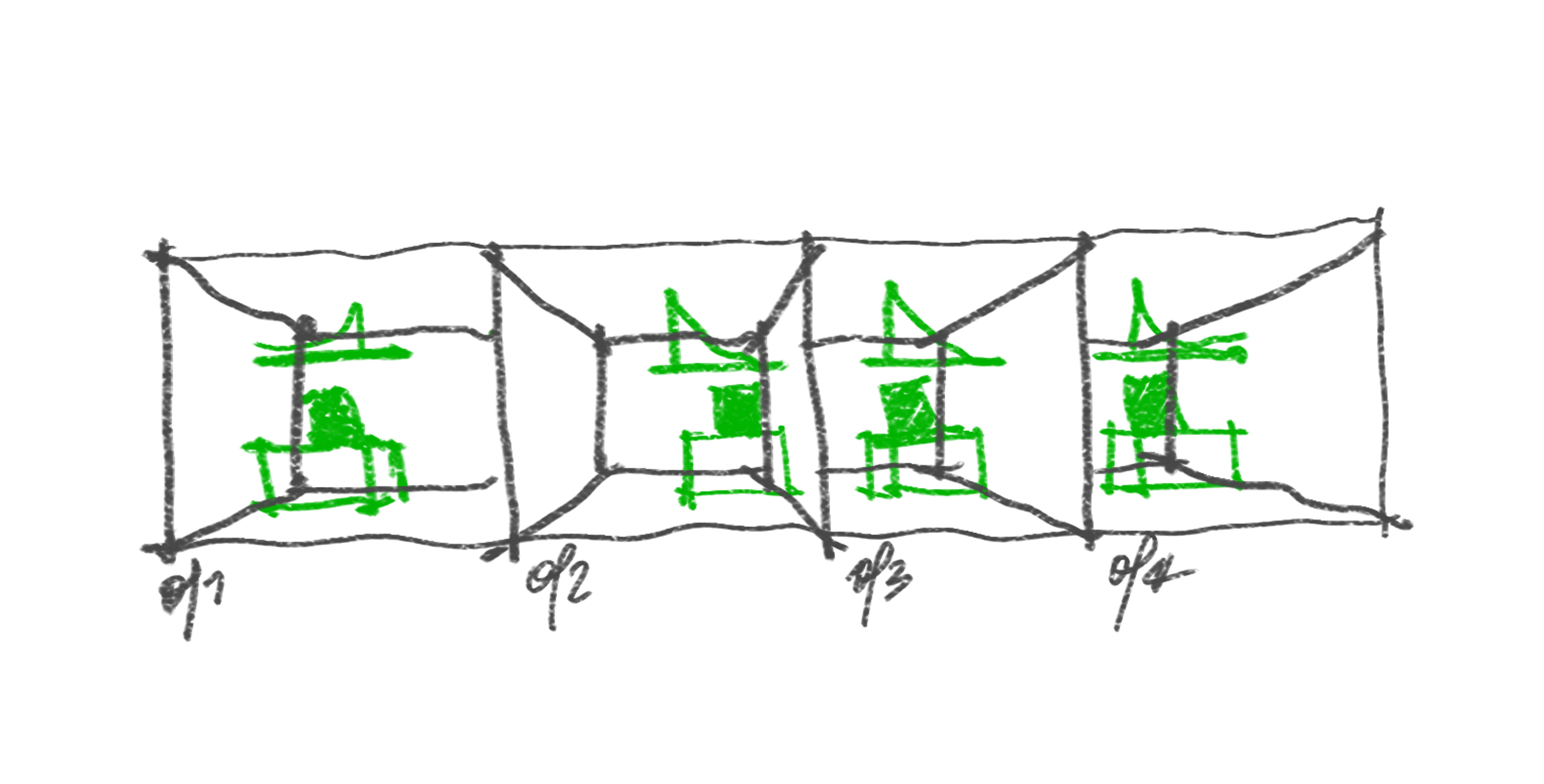 Croquis de la planta de OF1101 dividida en cuatro oficinas modulares.