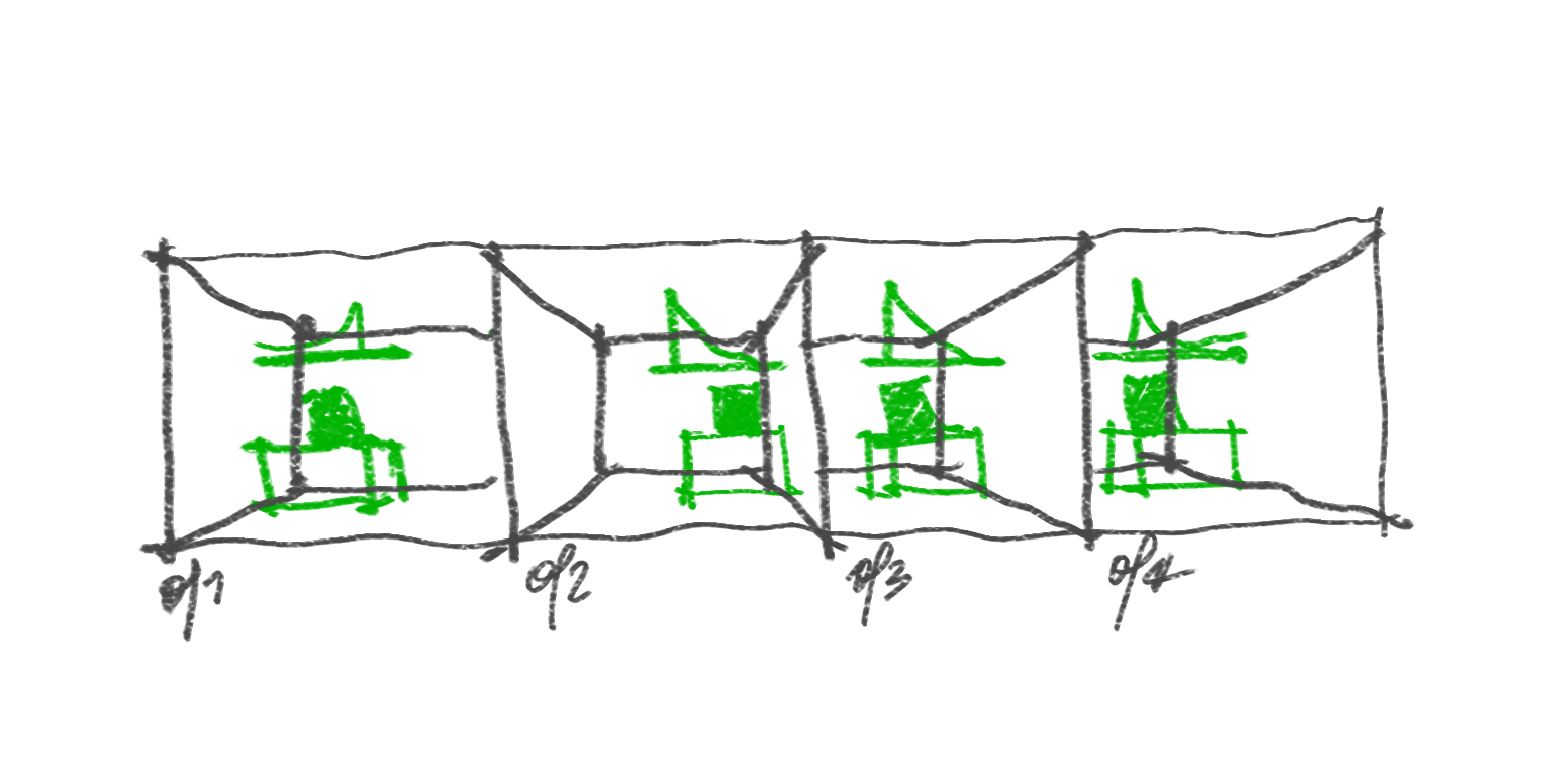 Croquis de la planta de OF1101 dividida en cuatro oficinas modulares.