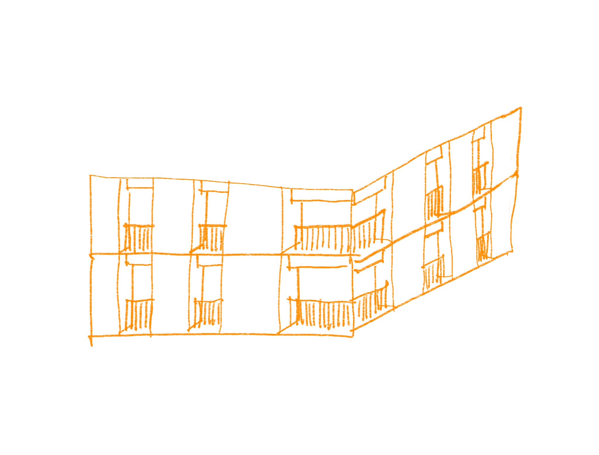 Croquis en perspectiva de las dos fachadas de la esquina de ELF1101, con balcones repetidos.