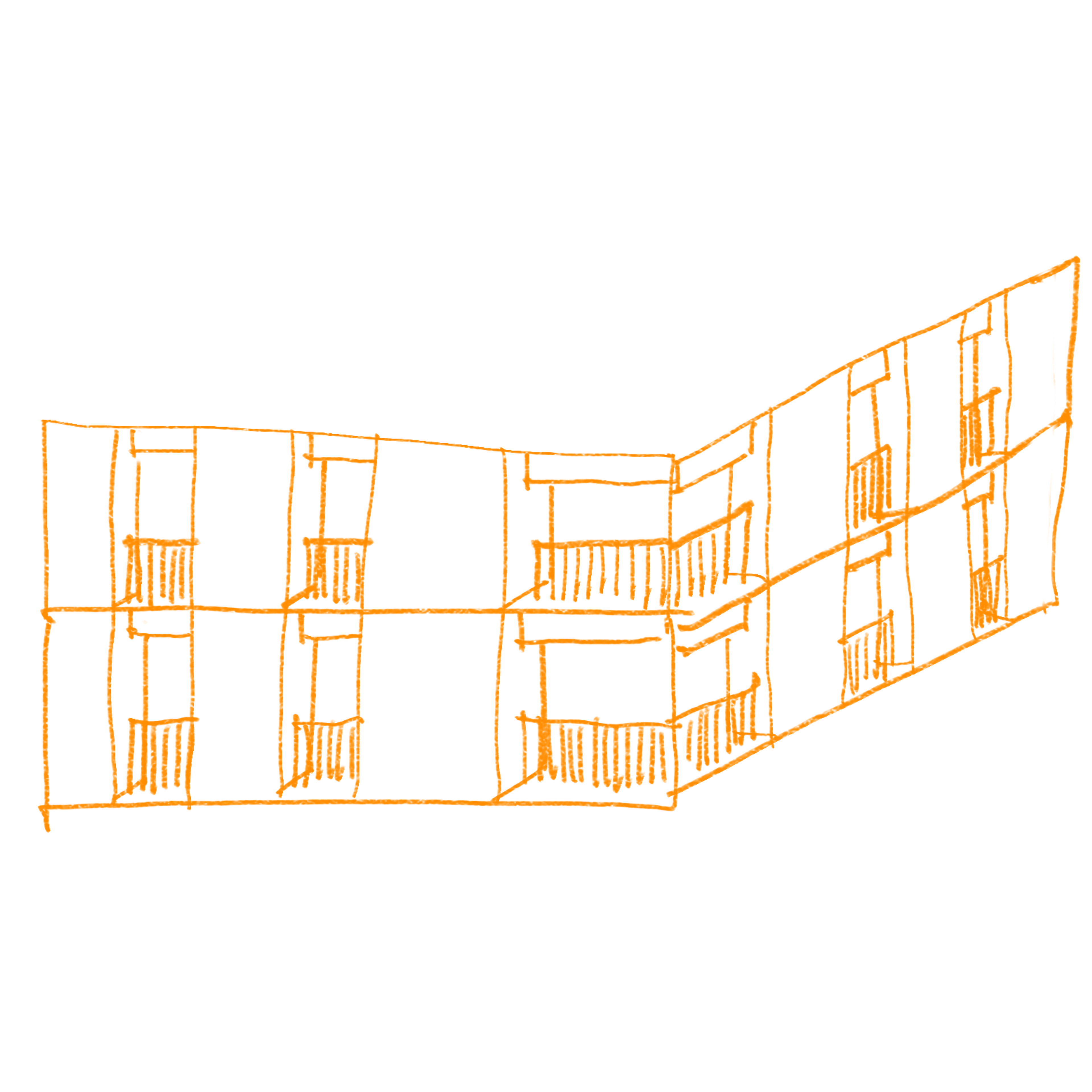 Croquis en perspectiva de las dos fachadas de la esquina de ELF1101, con balcones repetidos.