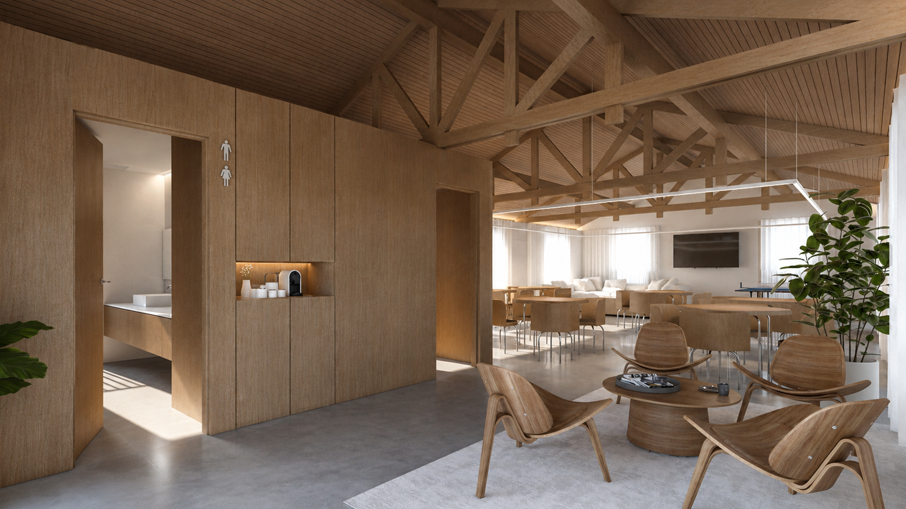 Render de las oficinas OF1101 en Bariloche, con cerchas de madera, sillones y área de trabajo.