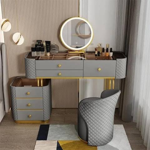 Grey Quilted LED Mirror Vanity Console