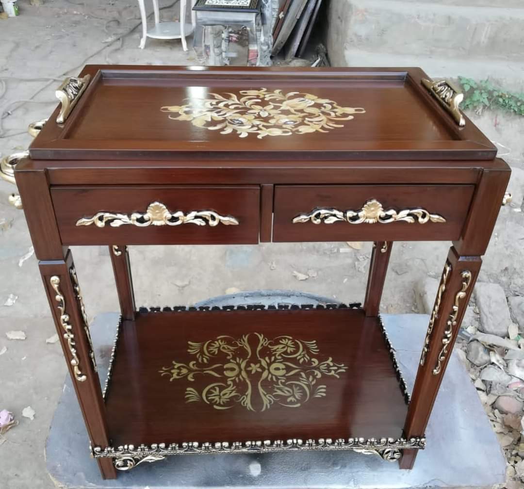 Floral Inlay Wooden Tea Trolley with Drawers