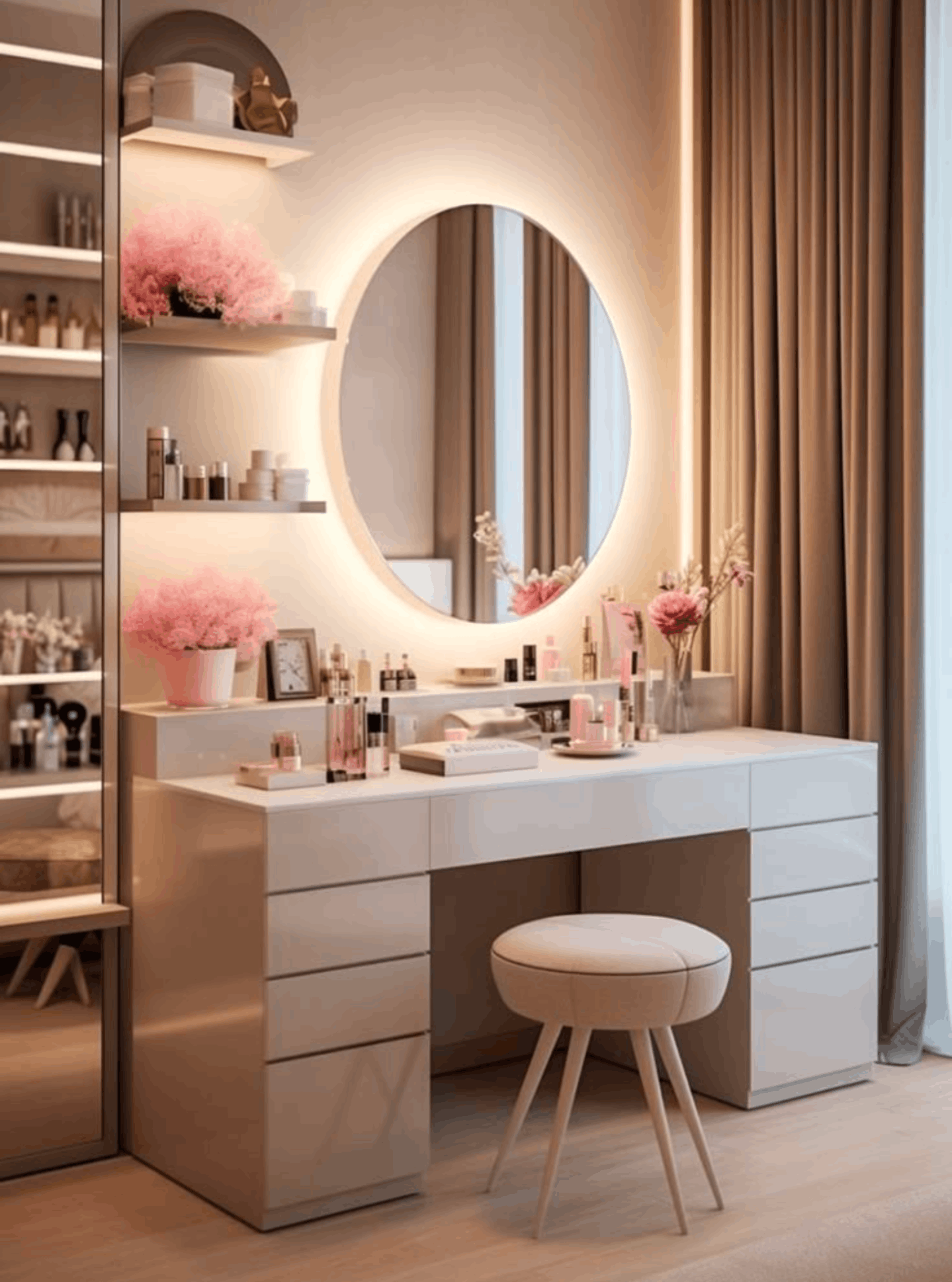 Backlit Round Mirror Shelving Vanity Console
