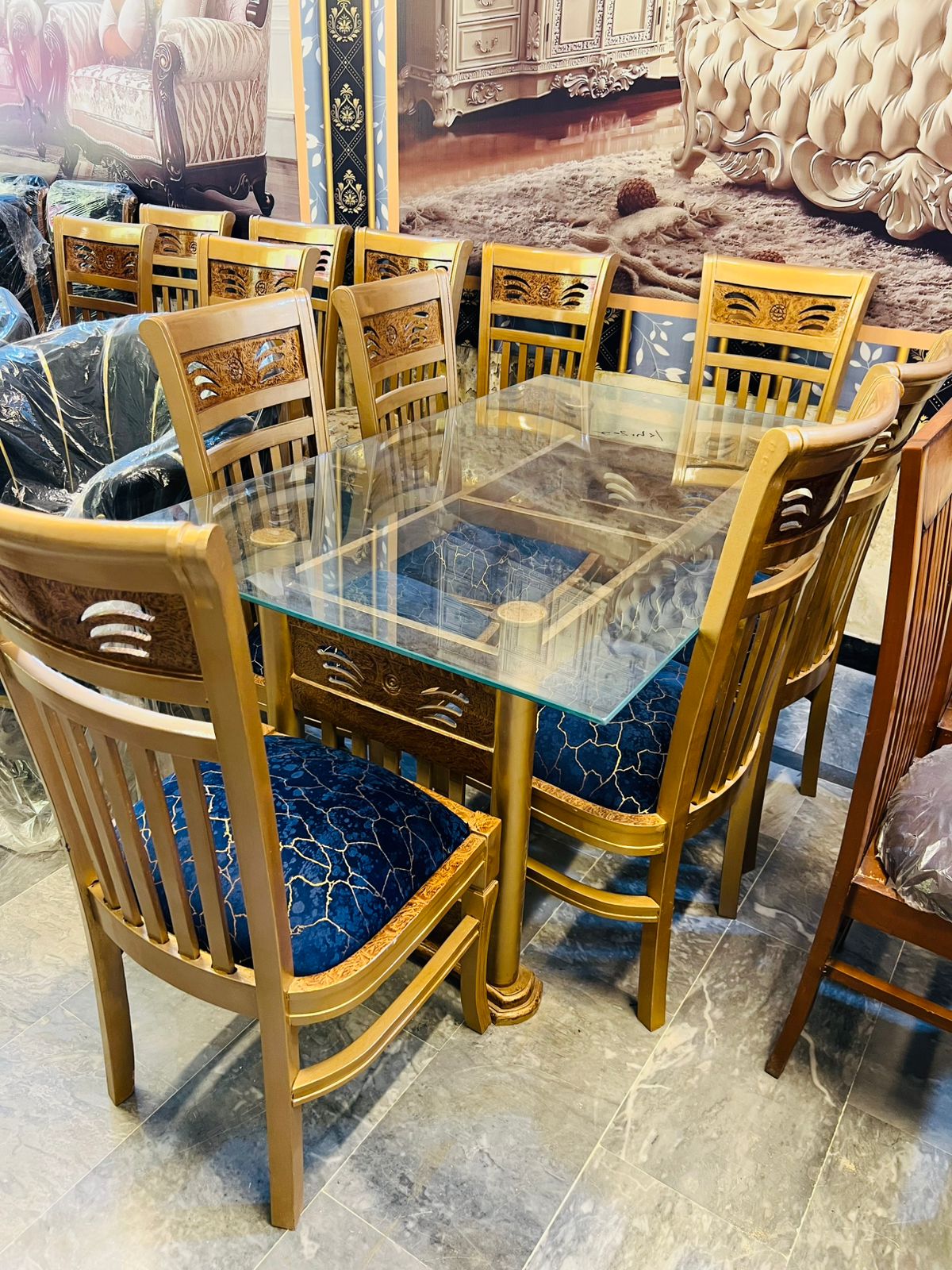 Carved Gold Glass Top Dining Set