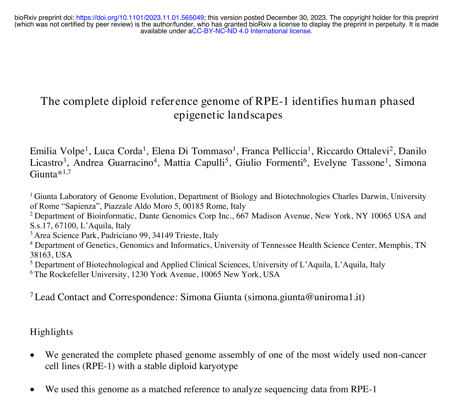 First page of the bioRxiv preprint 'The complete diploid reference genome of RPE-1', showing the title, authors and abstract.