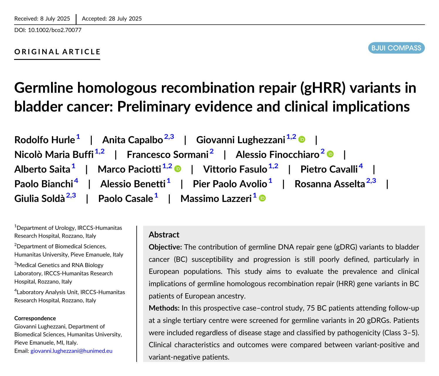 First page of the BJUI Compass paper 'Germline homologous recombination repair (gHRR) variants in bladder cancer', showing the title, authors and abstract.